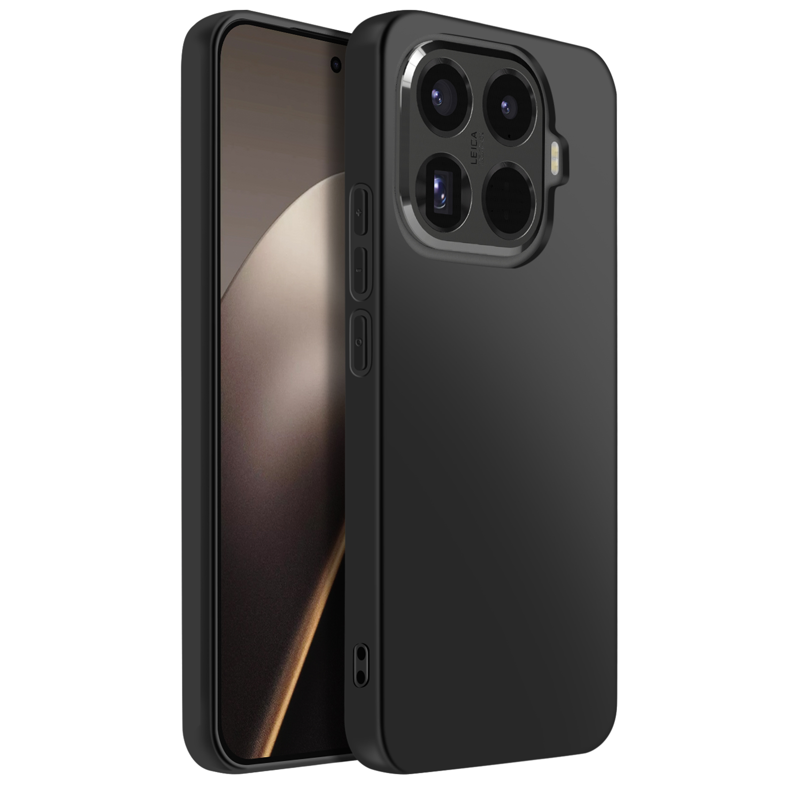 Eine schwarze Handyhülle schützt ein Telefon. Das Telefon hat einen Bildschirm und Kameralinsen. Der Hintergrund ist weiß.