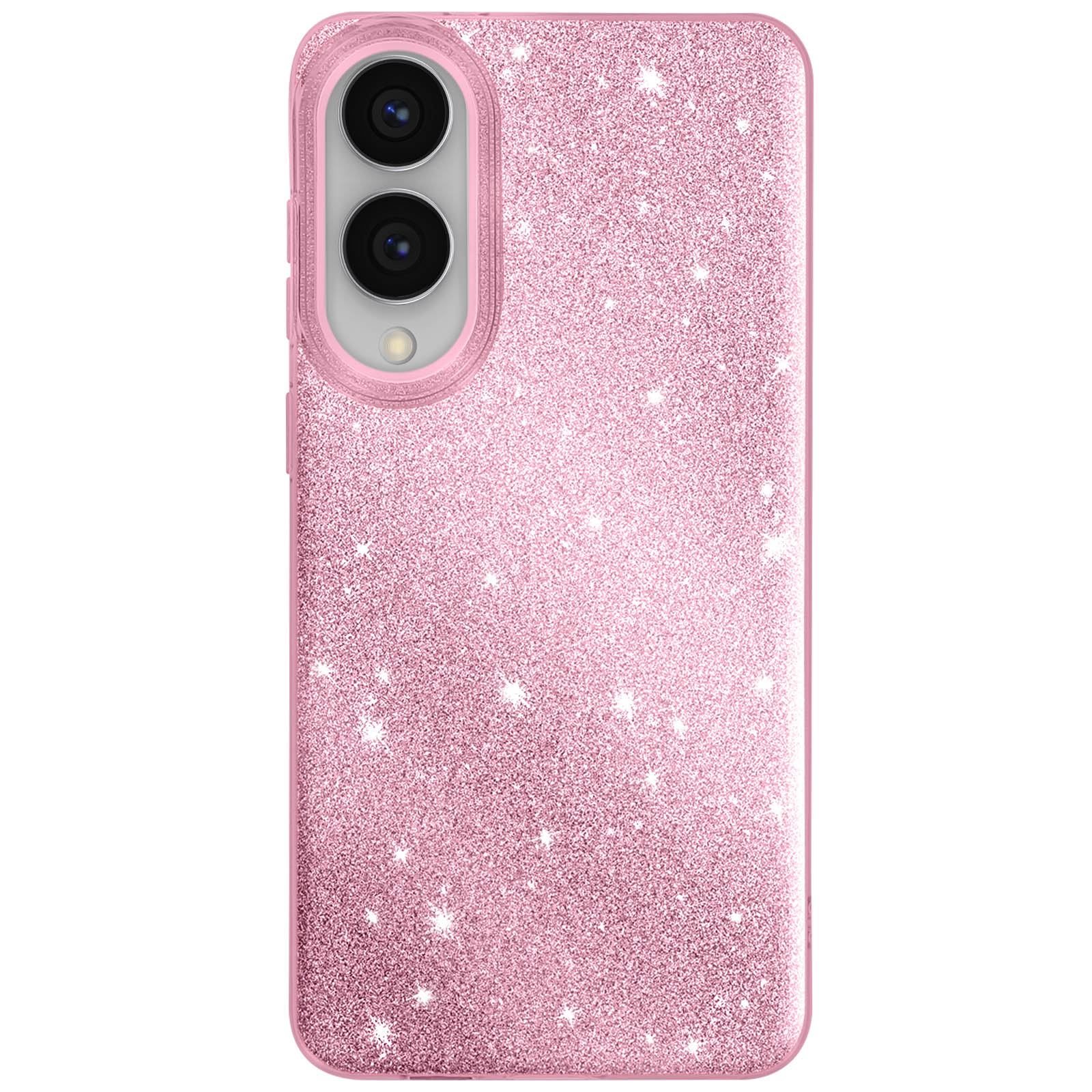 Roze glitter telefoonhoesje met twee cameralenzen. Sprankelt over de hoes. Afgeronde randen en een lichtroze kleur.