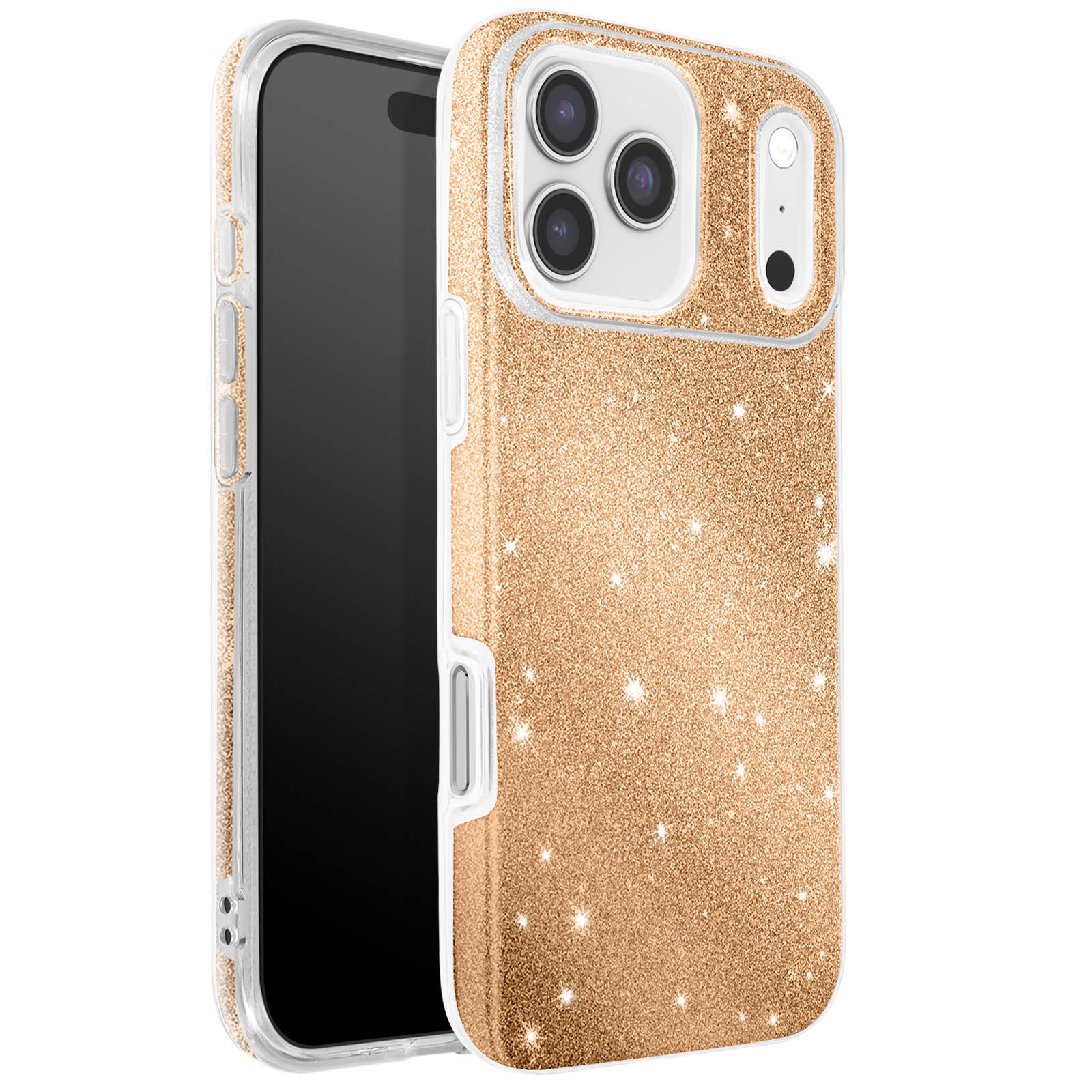 Gouden glitter telefoonhoesje met een zwart scherm. Beschikt over drie cameralenzen en een flits.