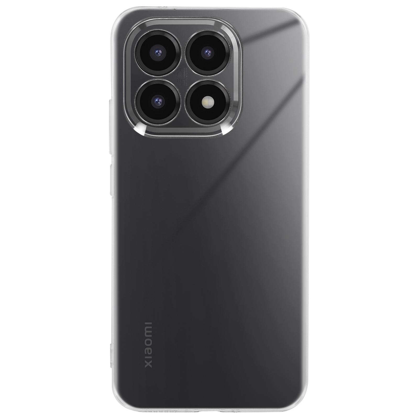 Uno smartphone in una custodia trasparente. Sono visibili quattro lenti della fotocamera. Il logo Xiaomi è in basso.