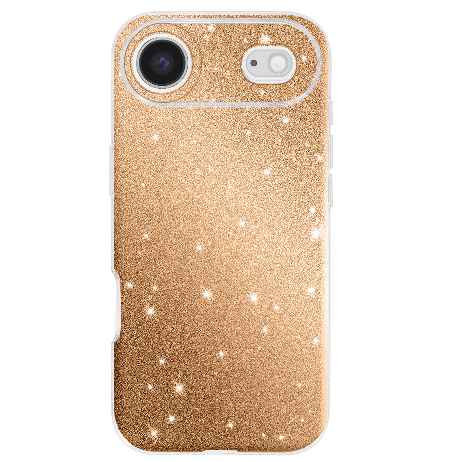 Coque de téléphone à paillettes dorées avec découpe caméra. Bordure transparente. Fond blanc.