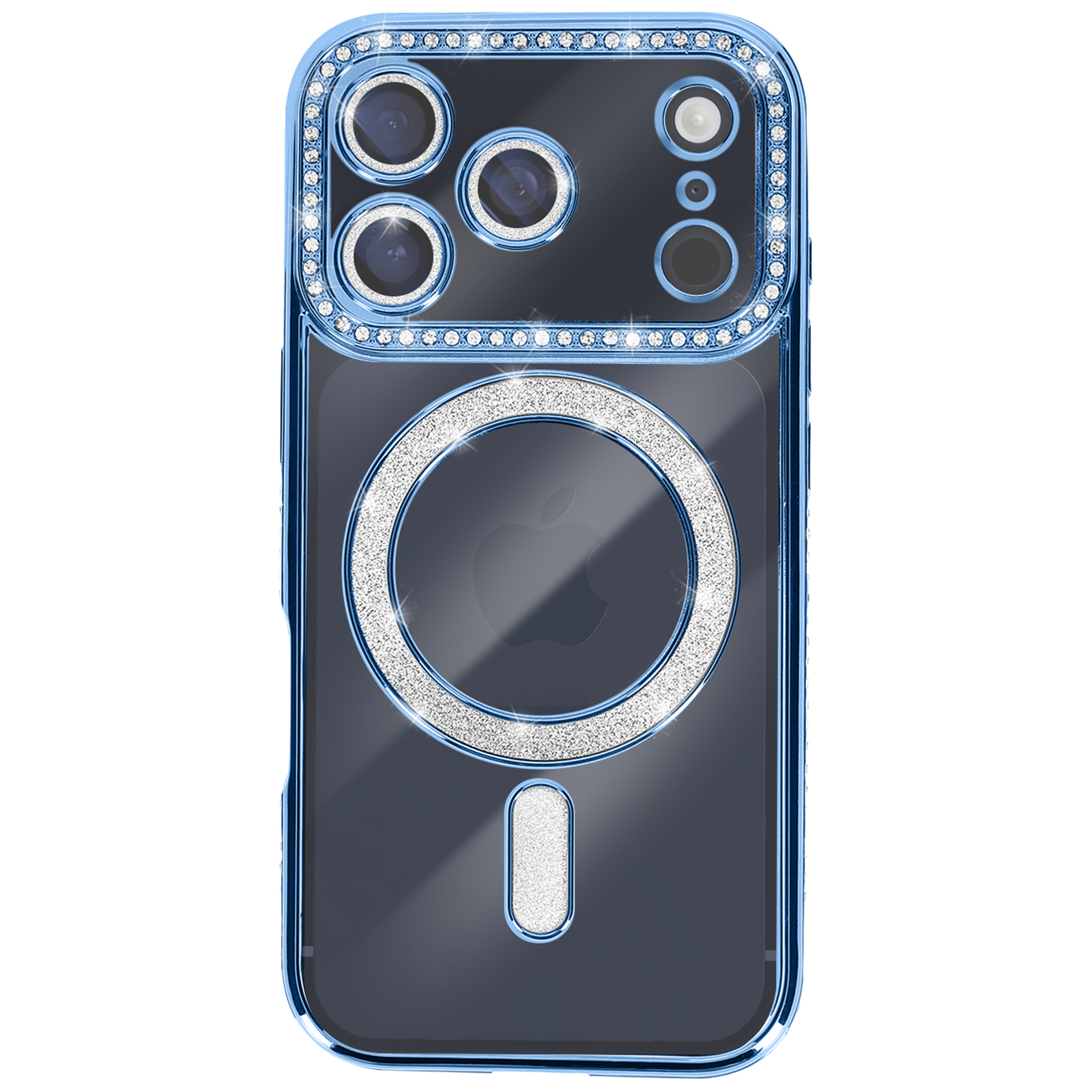 Coque de téléphone bleue avec un cadre d'appareil photo orné de diamants, un cercle et un rectangle brillants.