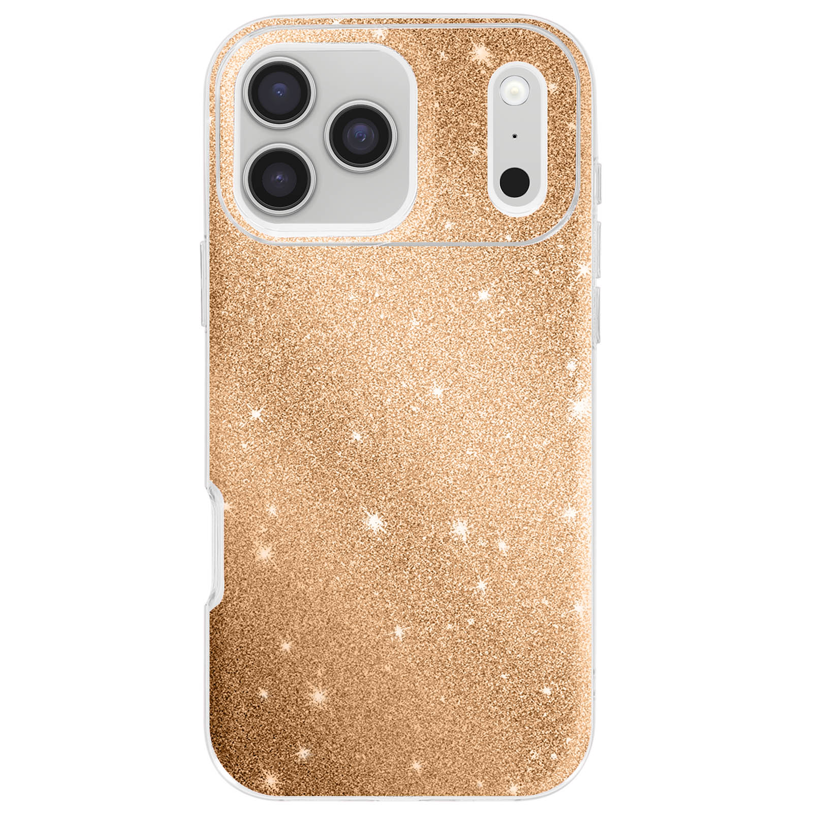Gouden glitter telefoonhoesje met camera-array en flitser, doorzichtige rand, witte achtergrond.