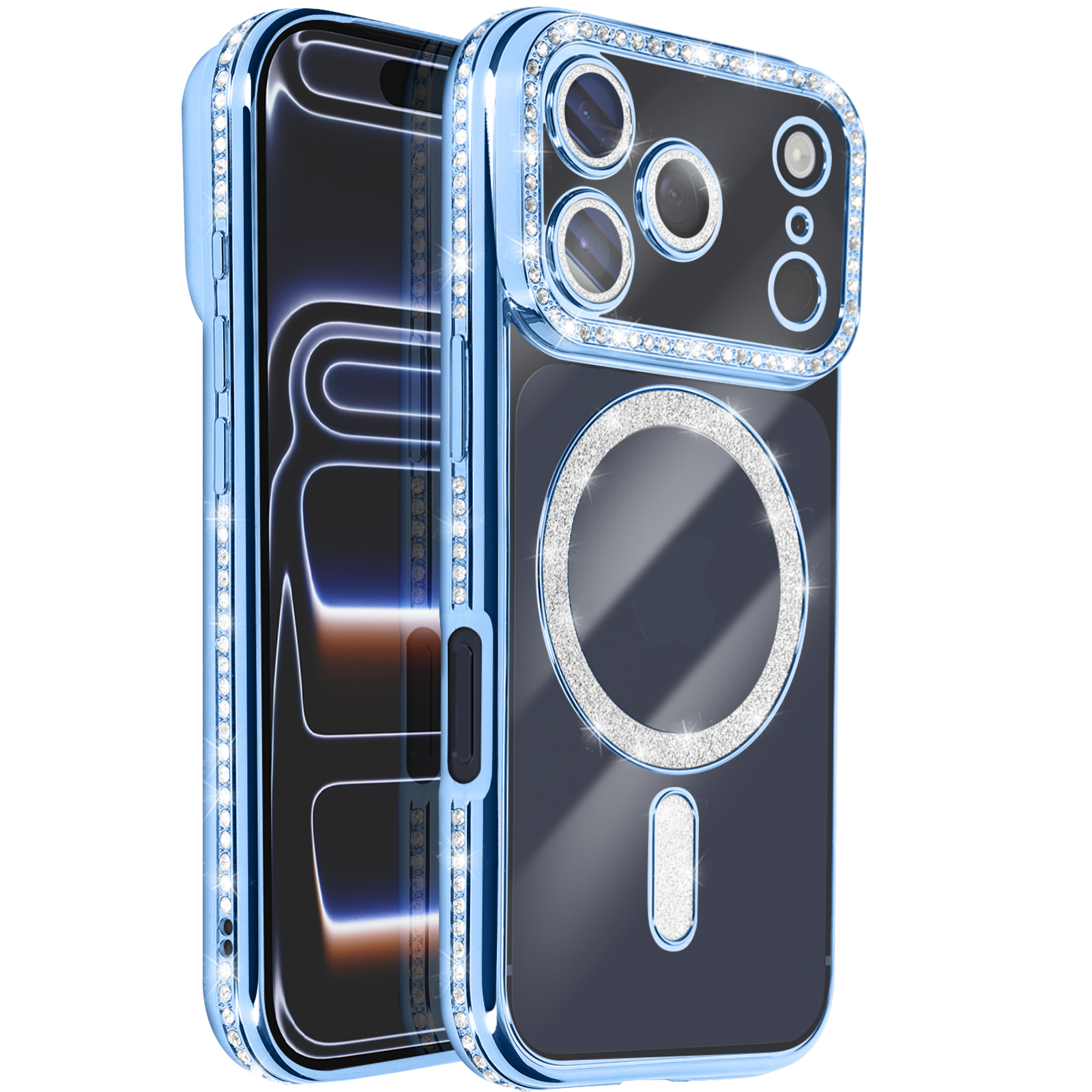 Une coque de téléphone bleue avec des accents de cristal. Elle recouvre le téléphone, avec une découpe pour l'appareil photo et un anneau MagSafe.