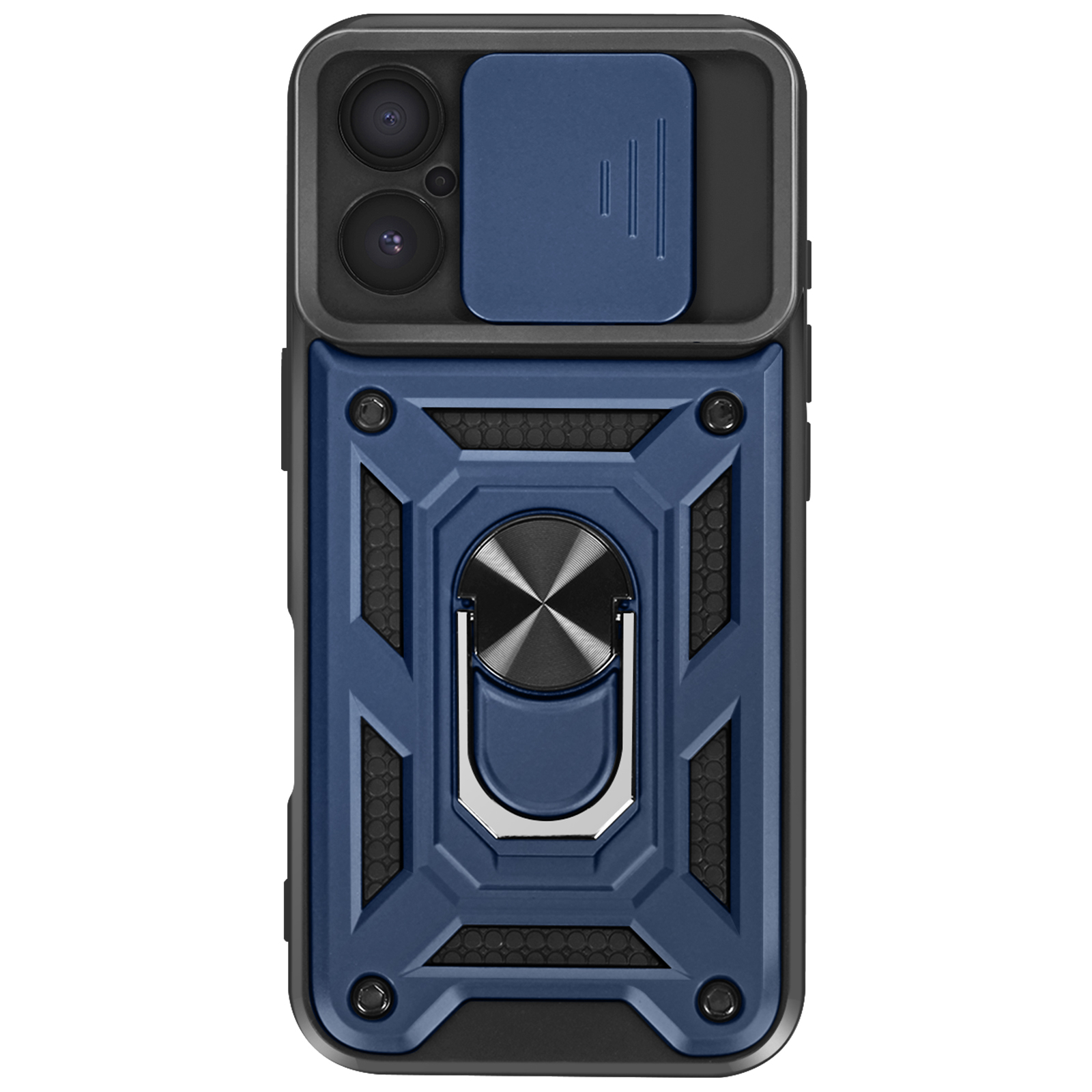 Custodia per telefono blu e nera con protezione fotocamera, anello e design geometrico.