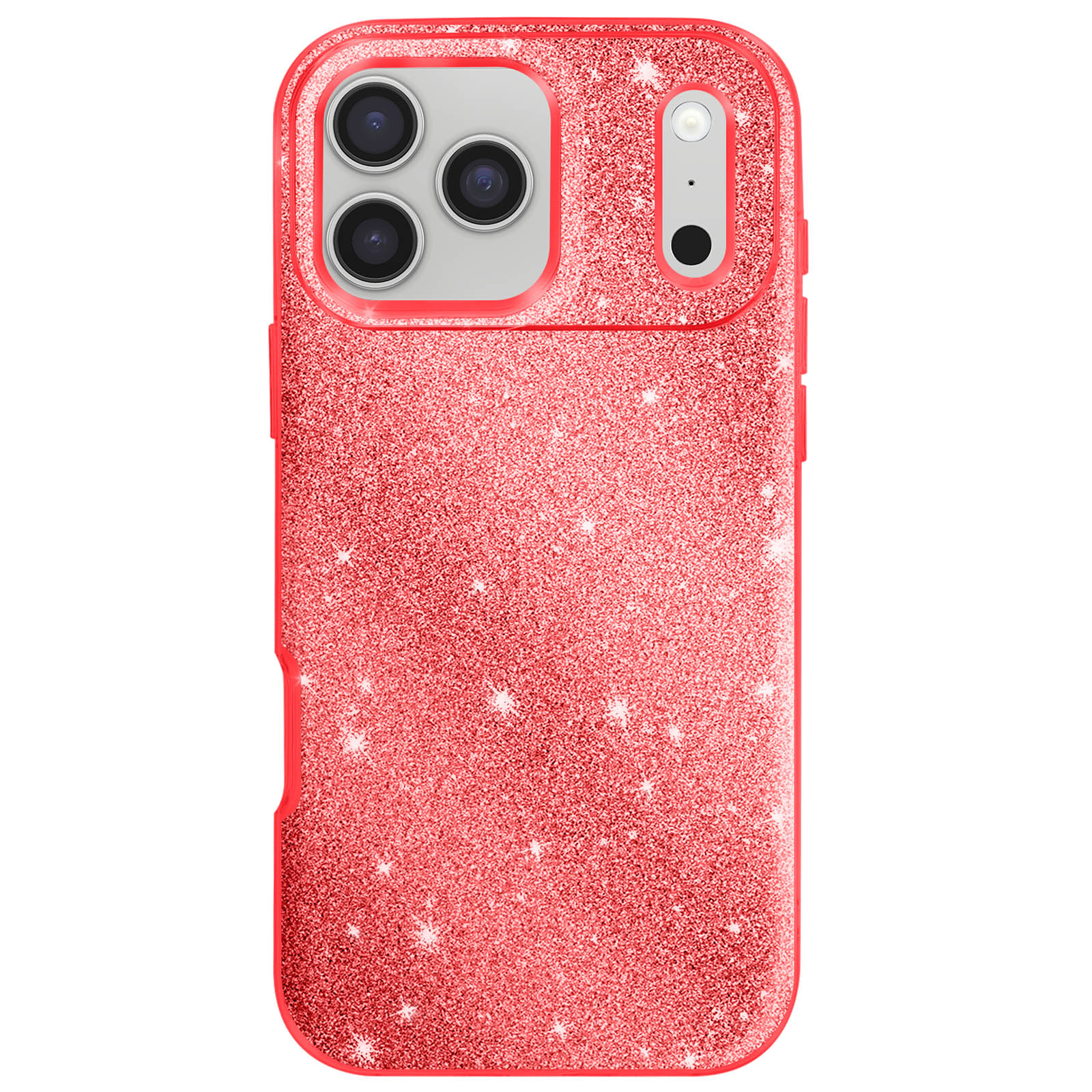 Een glitterende rode telefoonhoes. Met camera-uitsparingen en een flits. Sprankels zijn verspreid.