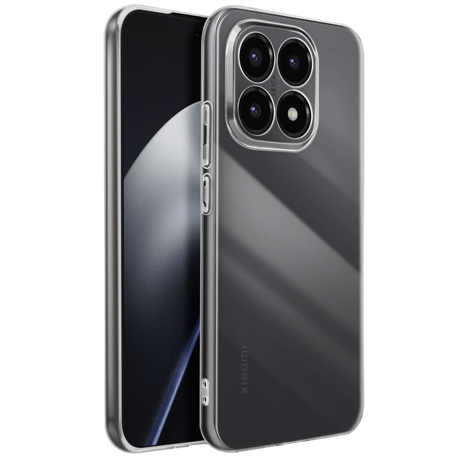 Un telefono in una custodia trasparente. Il telefono è nero con più fotocamere. La custodia ha la scritta Xiaomi.