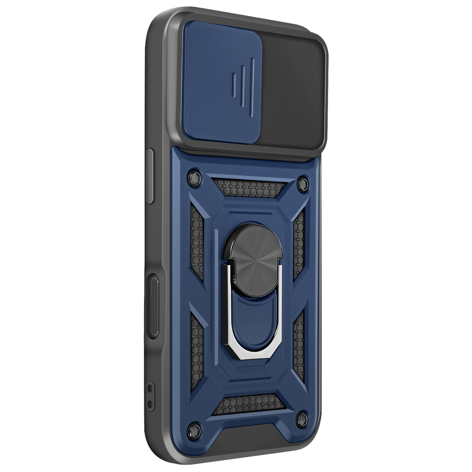 Custodia blu per telefono con copertura per fotocamera, supporto ad anello metallico e cornice nera. Ha un design geometrico.
