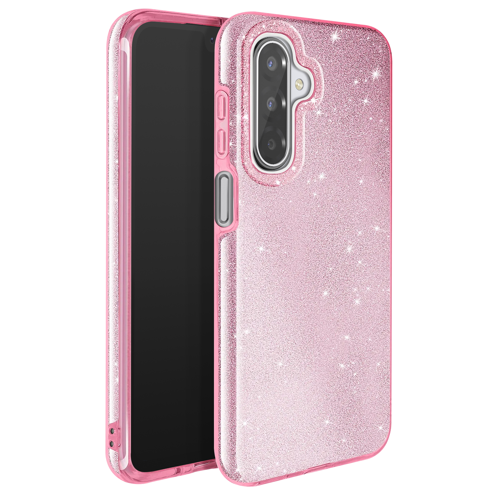 Coque de téléphone rose pailletée avec un téléphone noir à l'intérieur. La coque a des découpes pour la caméra et des boutons.