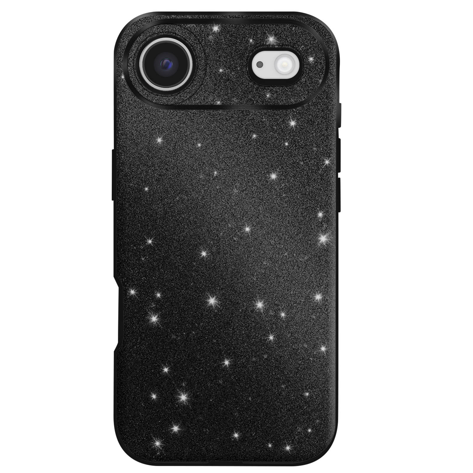 Coque de téléphone noire avec un motif de nuit étoilée. Elle a des ouvertures pour l'appareil photo et le flash, et des boutons latéraux.