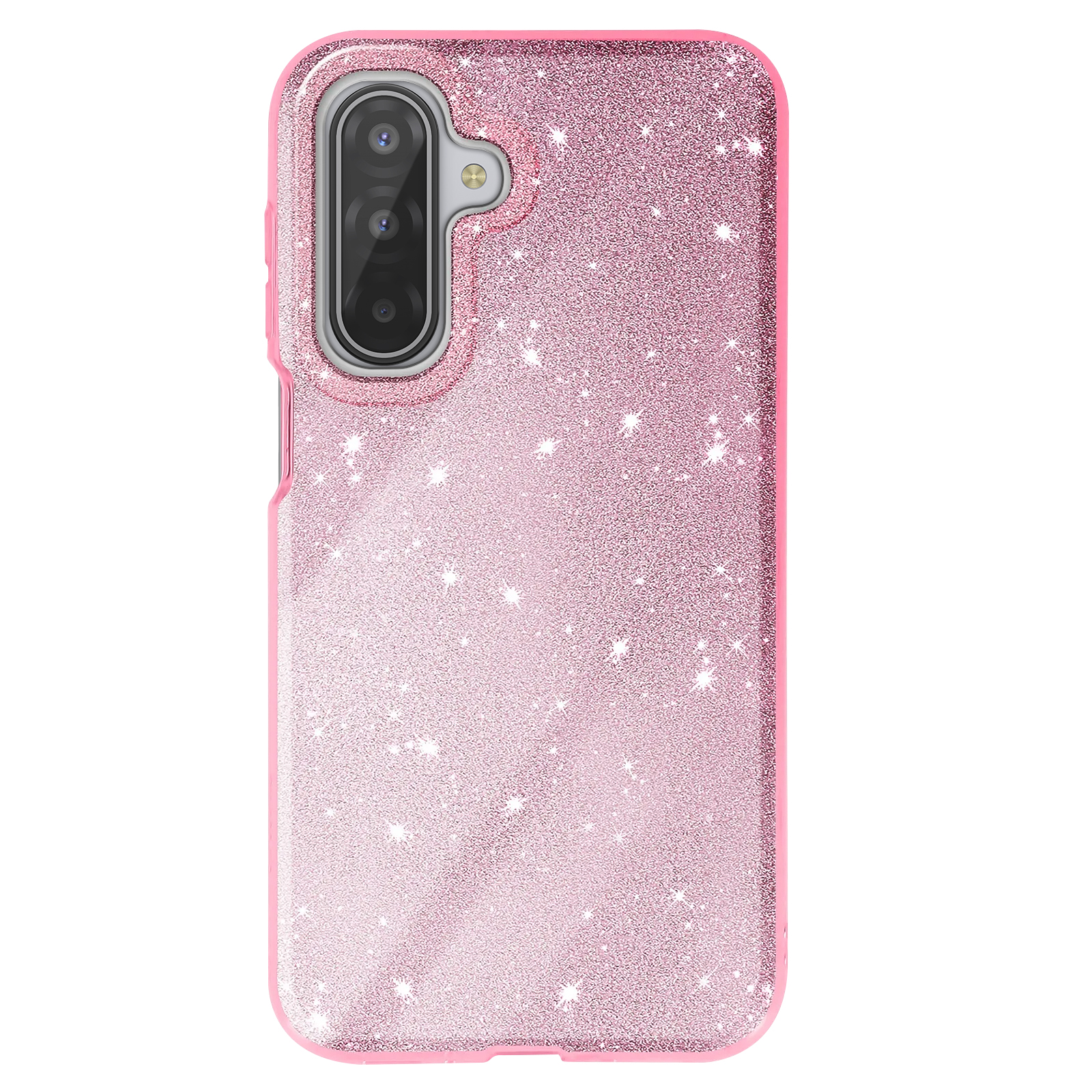 Une coque de téléphone rose pailletée avec découpe pour appareil photo. Paillettes et cadre rose. Surface brillante et réfléchissante.