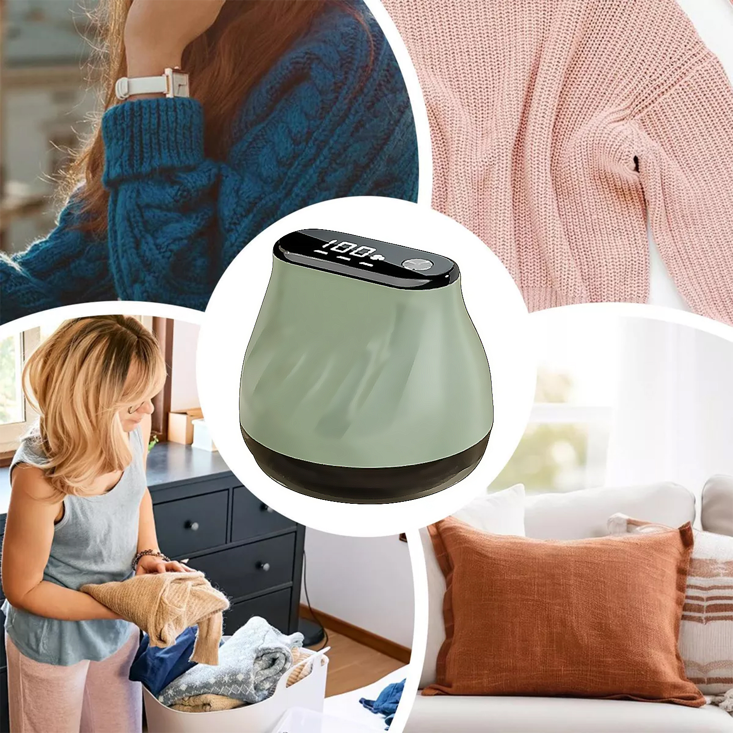 Collage aus Pullover, einer Frau beim Wäschewaschen, einem Kissen und einem Stoffrasierer. Der Rasierer ist grün mit schwarzem Sockel und Digitalanzeige.