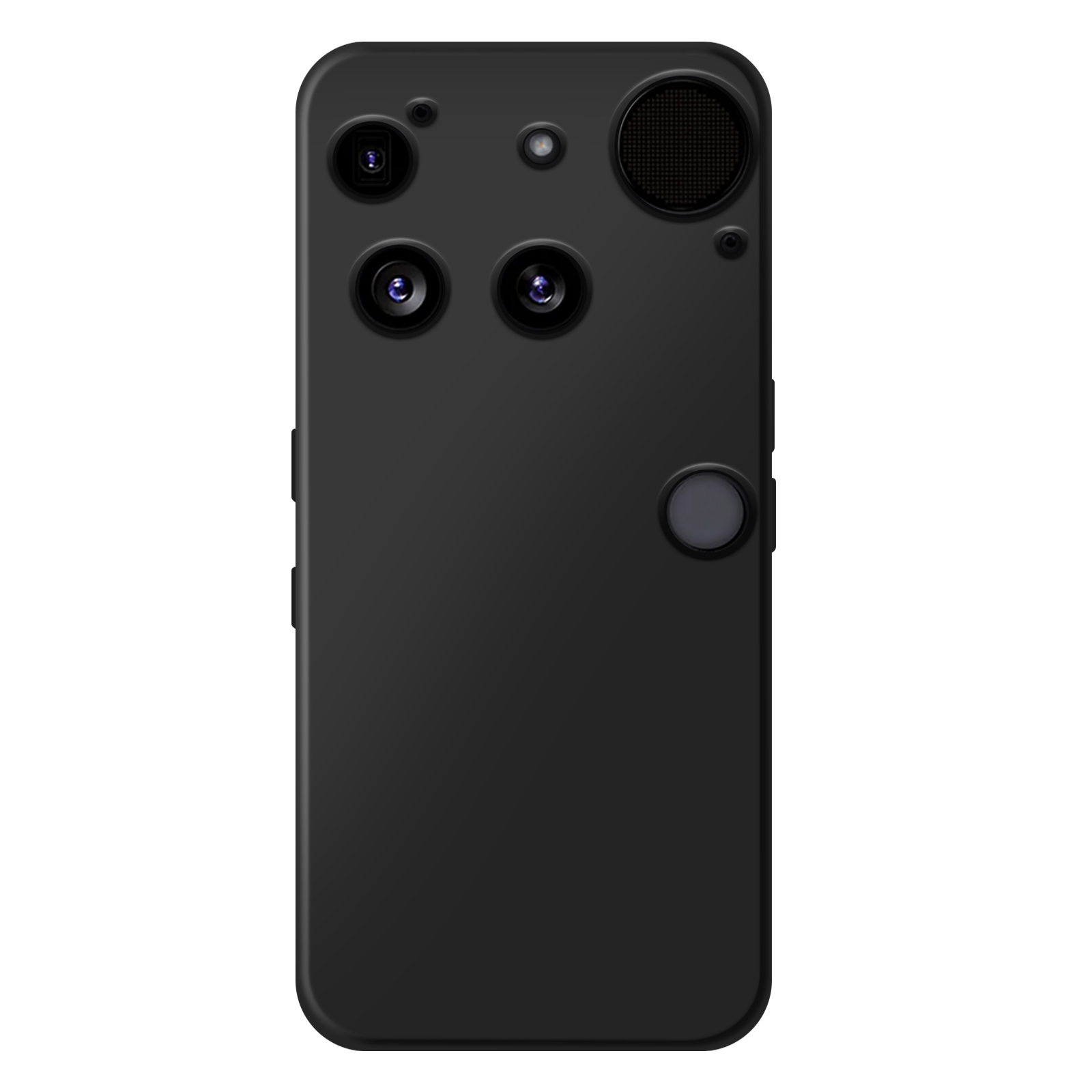 Zwarte smartphone achterkant met meerdere camera's, een luidspreker en een ronde knop.