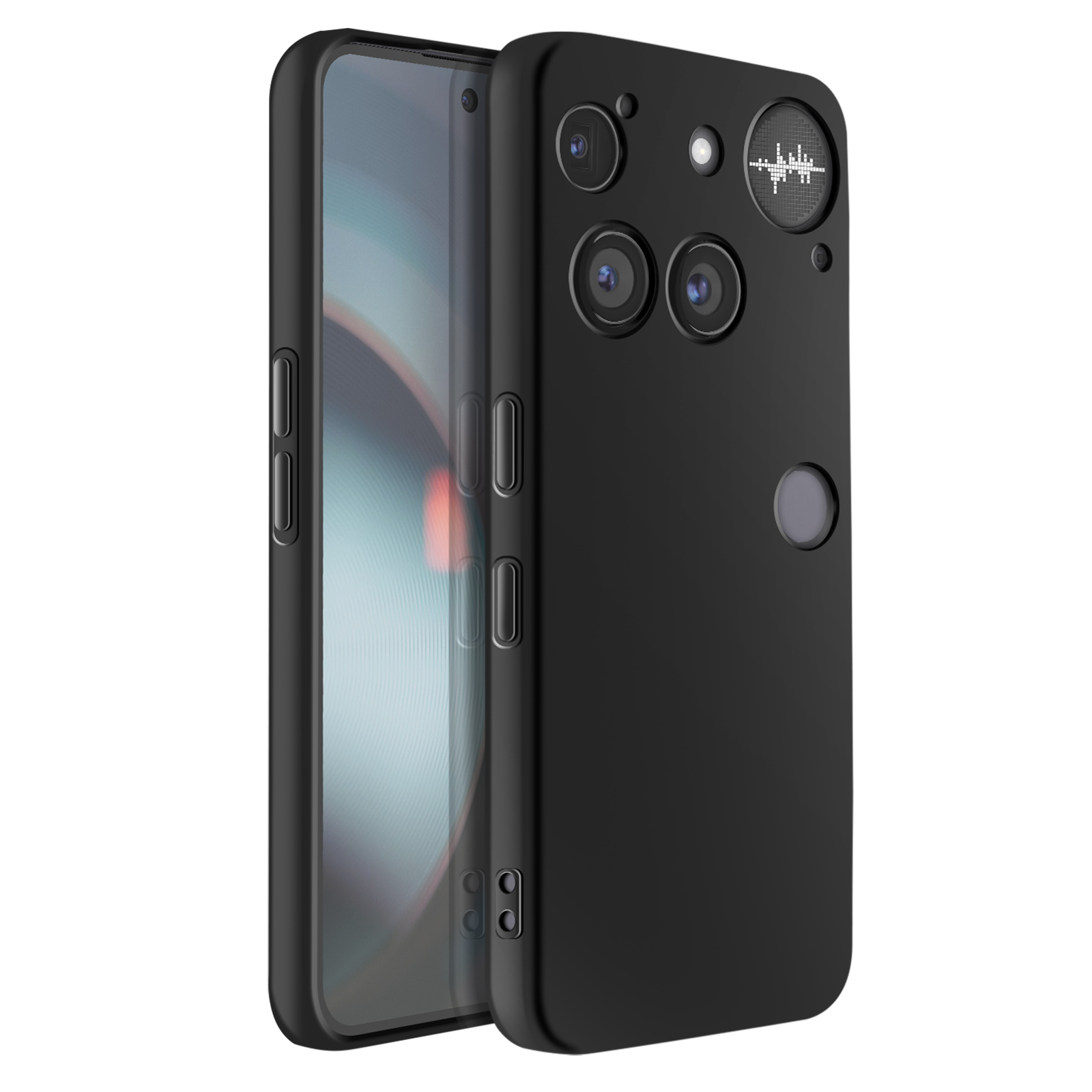 Een zwarte smartphone met meerdere camera's en een vingerafdruksensor. Het scherm is links zichtbaar en toont een wazige afbeelding.