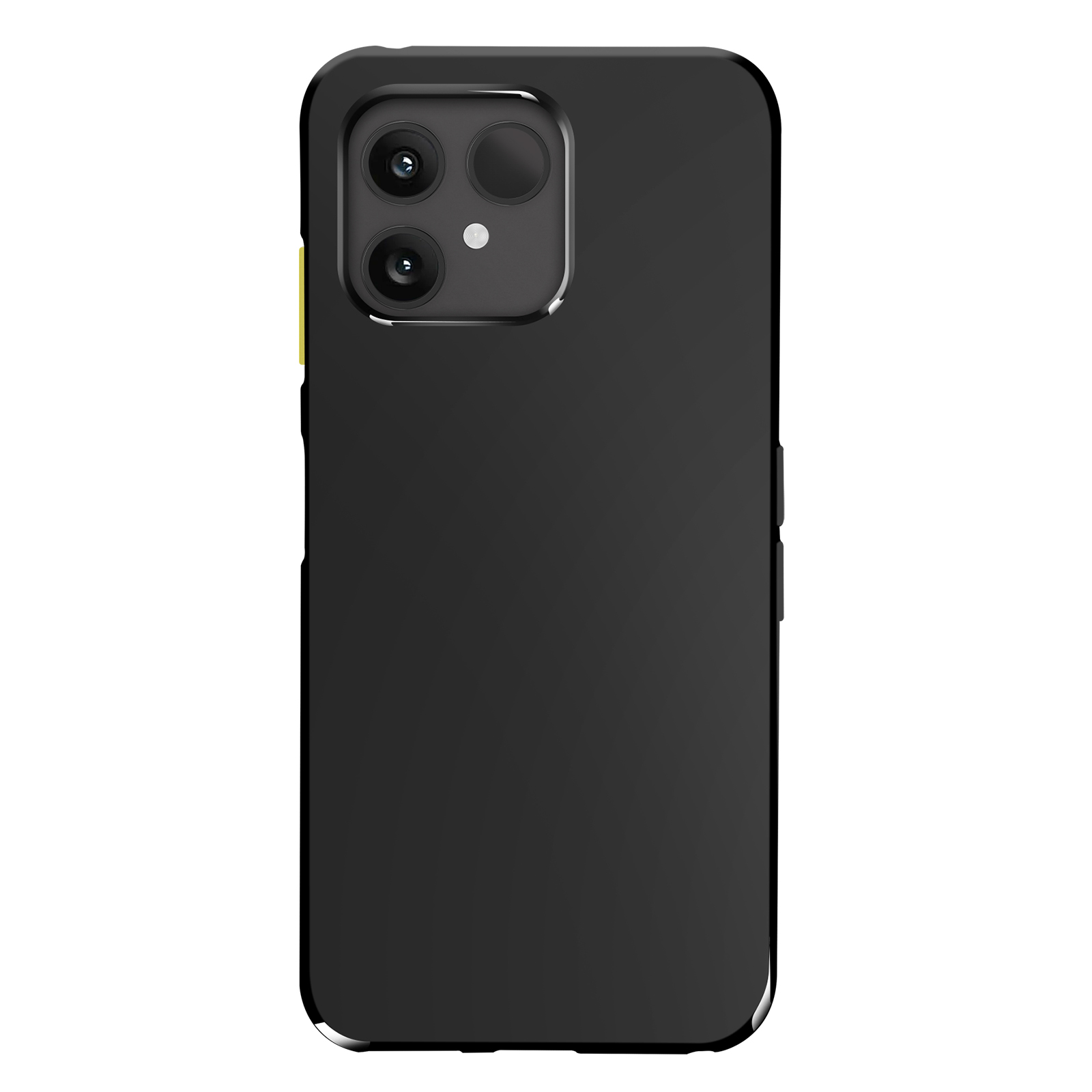 Zwarte smartphonehoes met drie camera's aan de achterkant. De zijkant heeft een gele accent. Witte achtergrond.