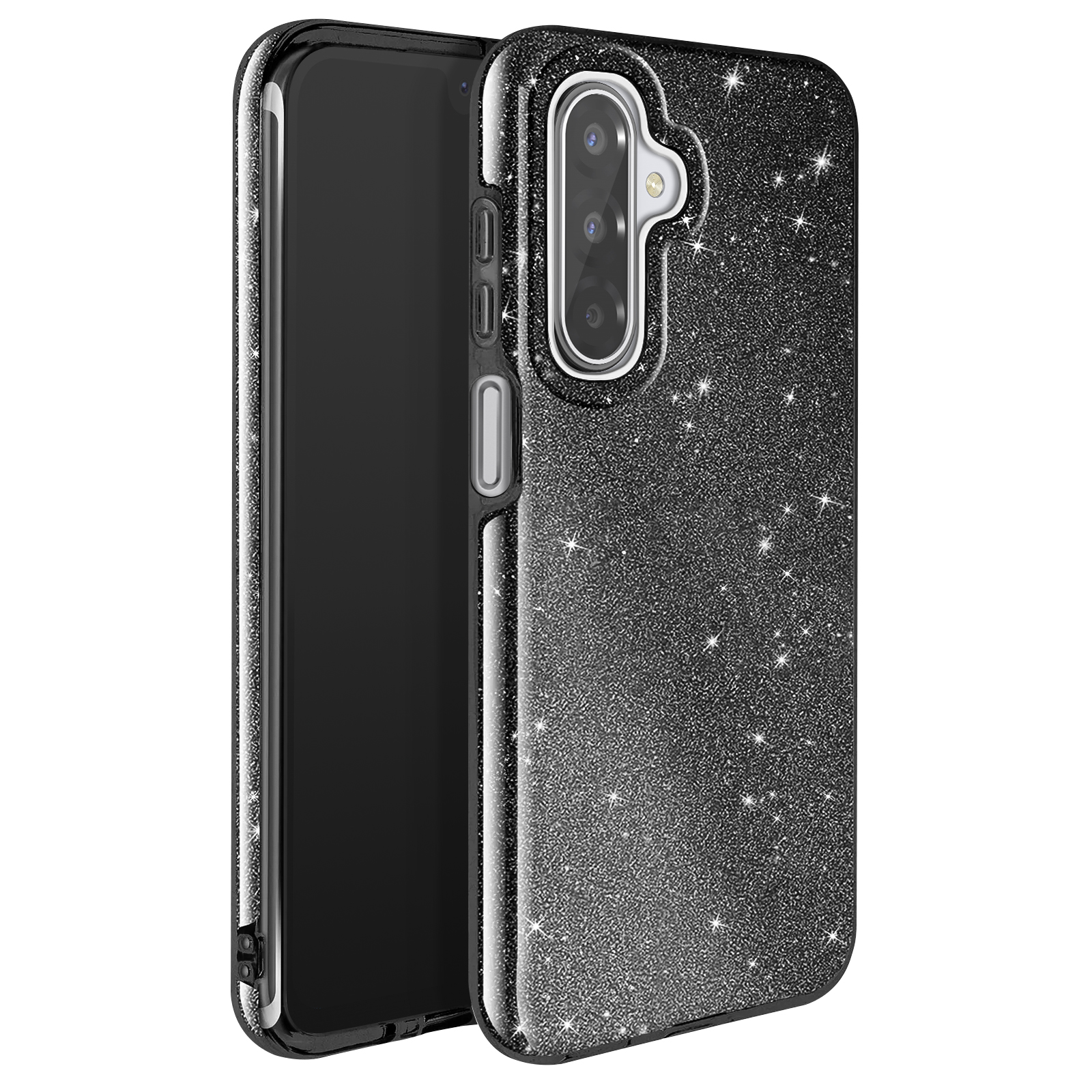 Une coque de téléphone avec un motif de paillettes noires et une découpe pour l'appareil photo. L'écran du téléphone est noir. L'étui est pailleté.