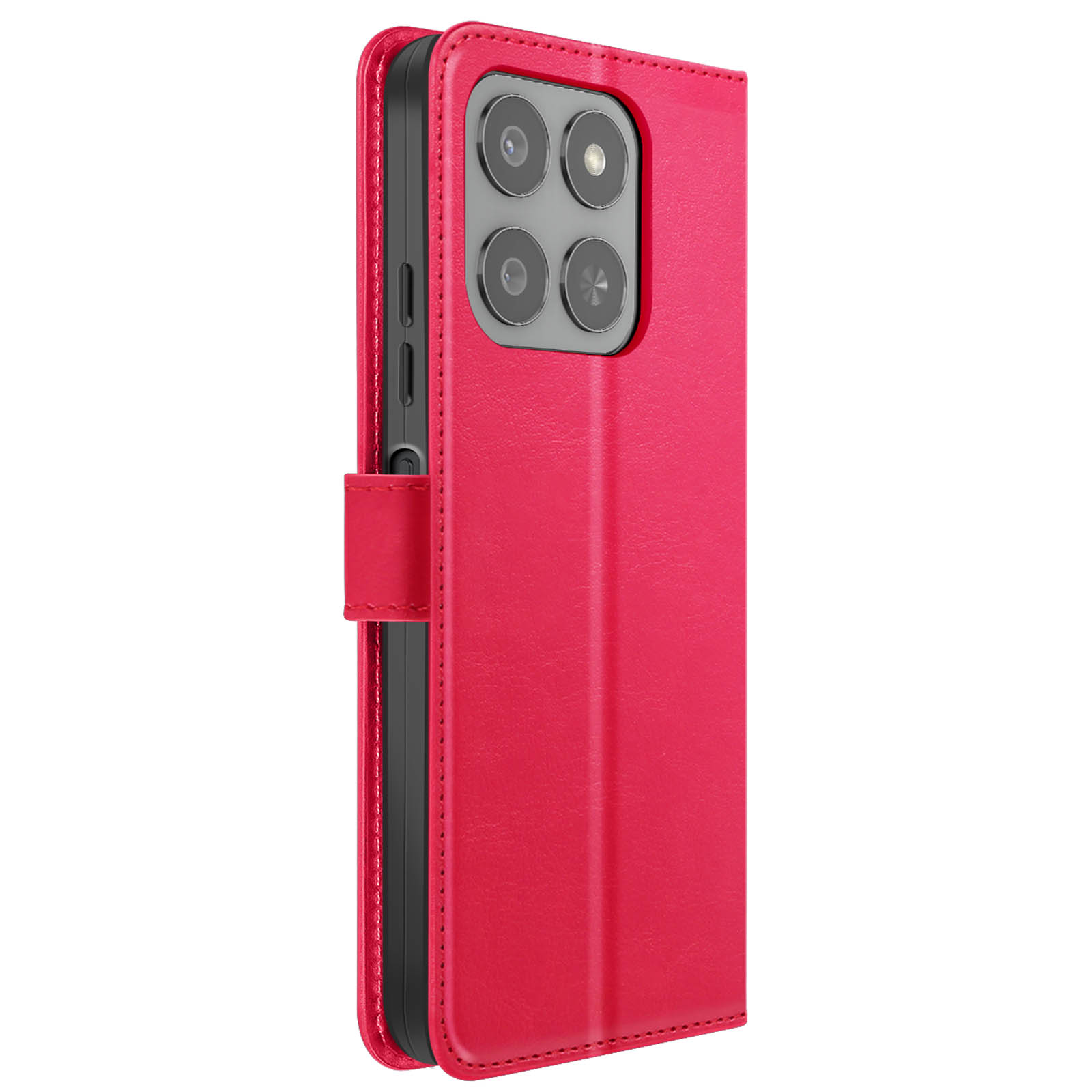 Un étui de téléphone rouge est ouvert, montrant la caméra et les boutons du téléphone. L'étui a une sangle magnétique.