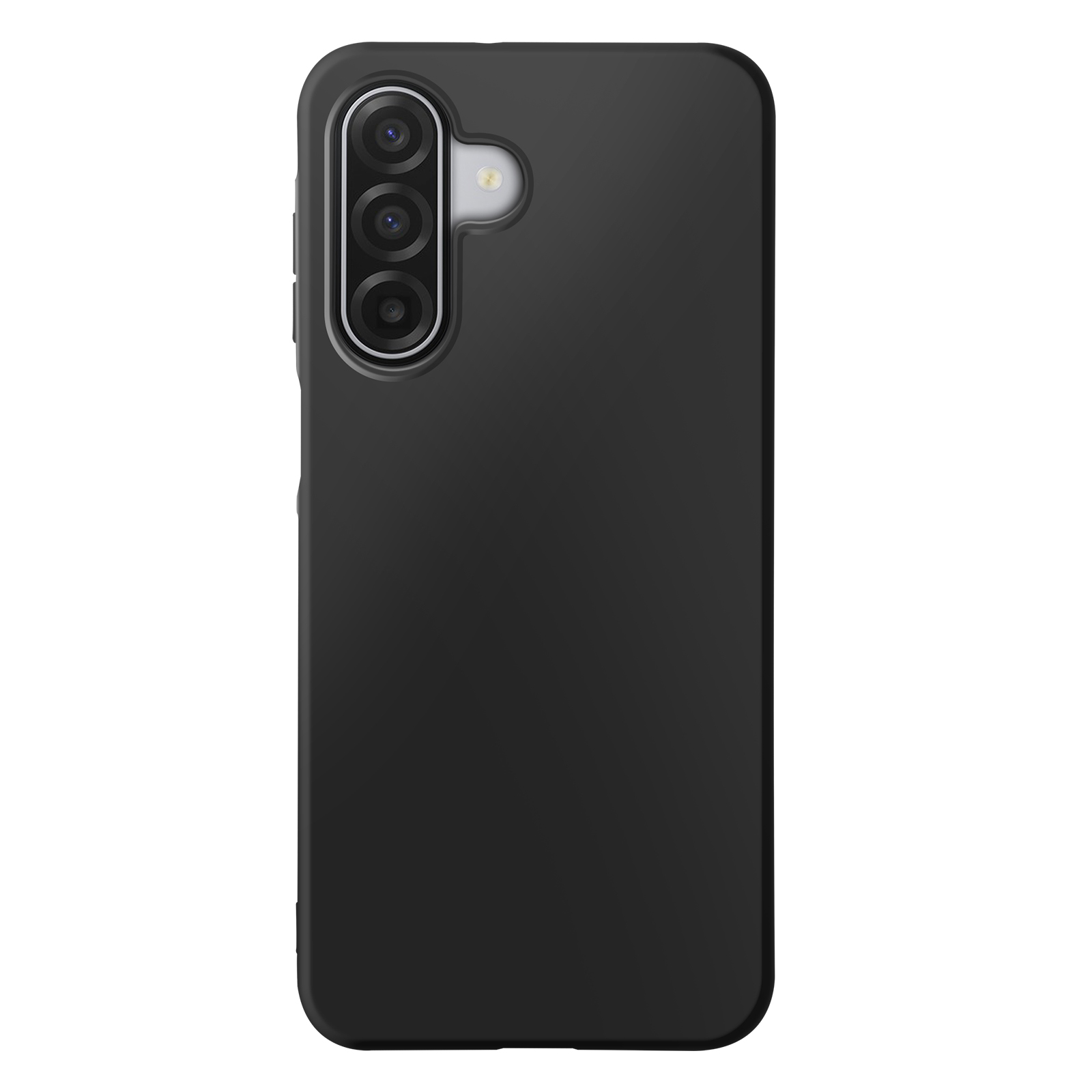 Coque de téléphone noire avec trois objectifs d'appareil photo sur le côté gauche. Fond blanc.