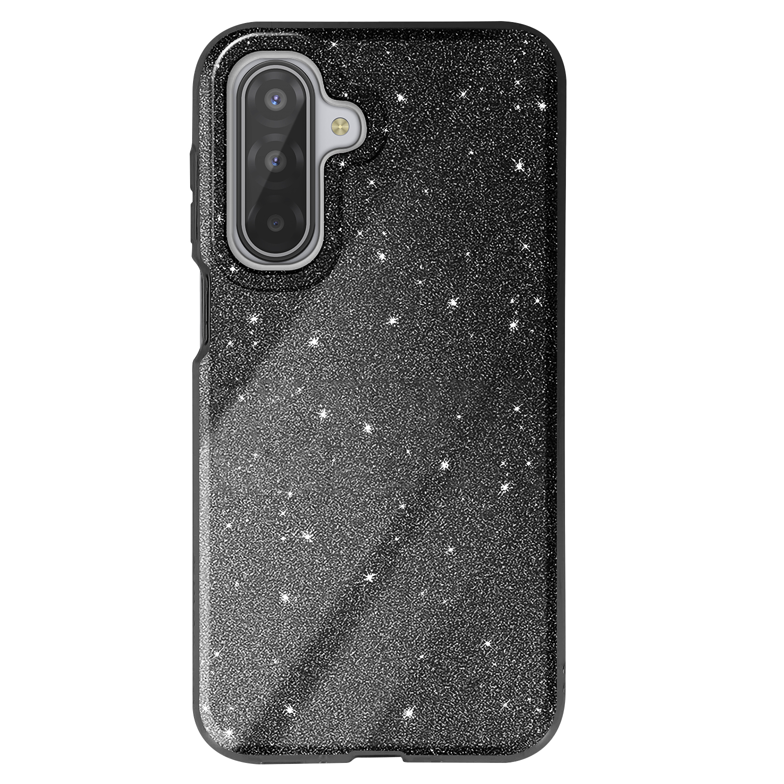 Coque de téléphone noire à paillettes avec détail de caméra. Fond blanc. Des paillettes et une finition brillante sont visibles.