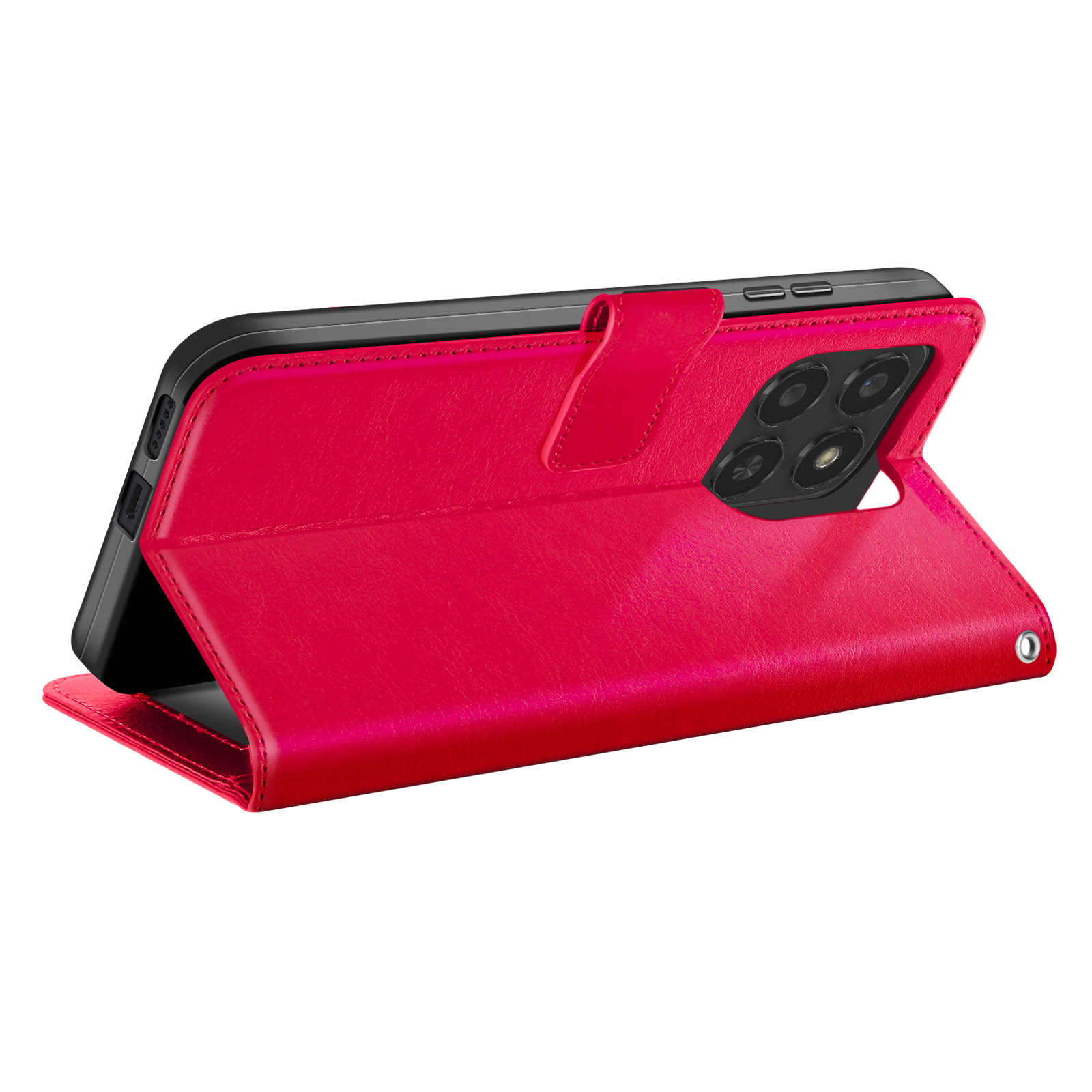 Un étui de téléphone en cuir rouge, ouvert, montrant un téléphone noir. L'étui a une fermeture magnétique.