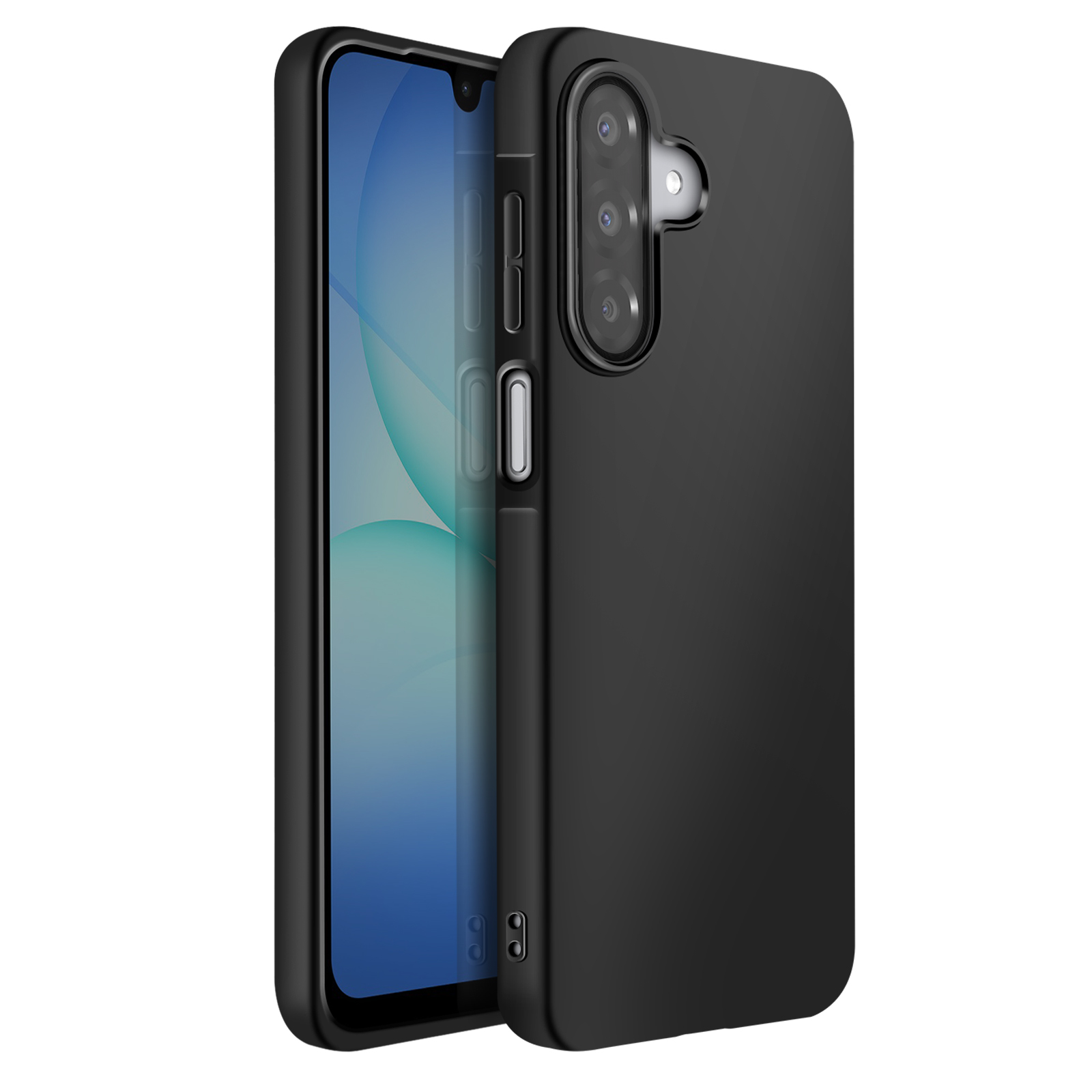 Un étui de téléphone noir est ouvert, révélant l'écran. Plusieurs caméras sont à l'arrière.