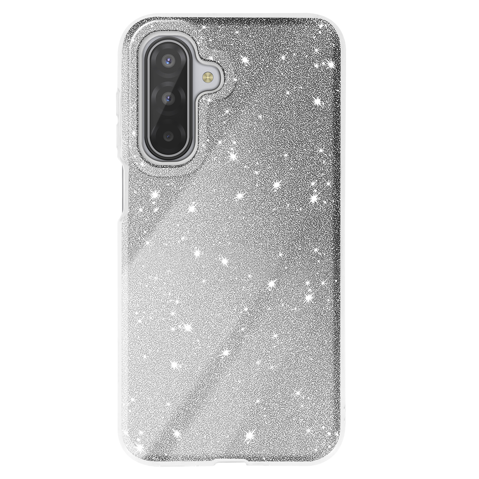 Une coque de téléphone argentée à paillettes avec une découpe pour un appareil photo à trois lentilles. La coque est bordée de blanc.