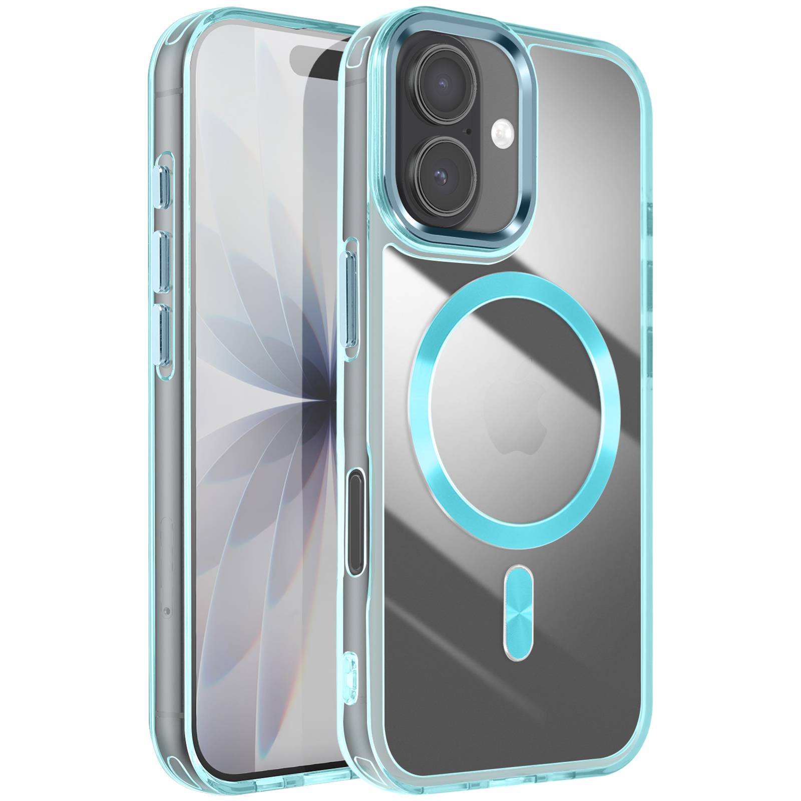 Une coque transparente pour iPhone avec une bordure bleu clair. L'arrière a un accent bleu circulaire.