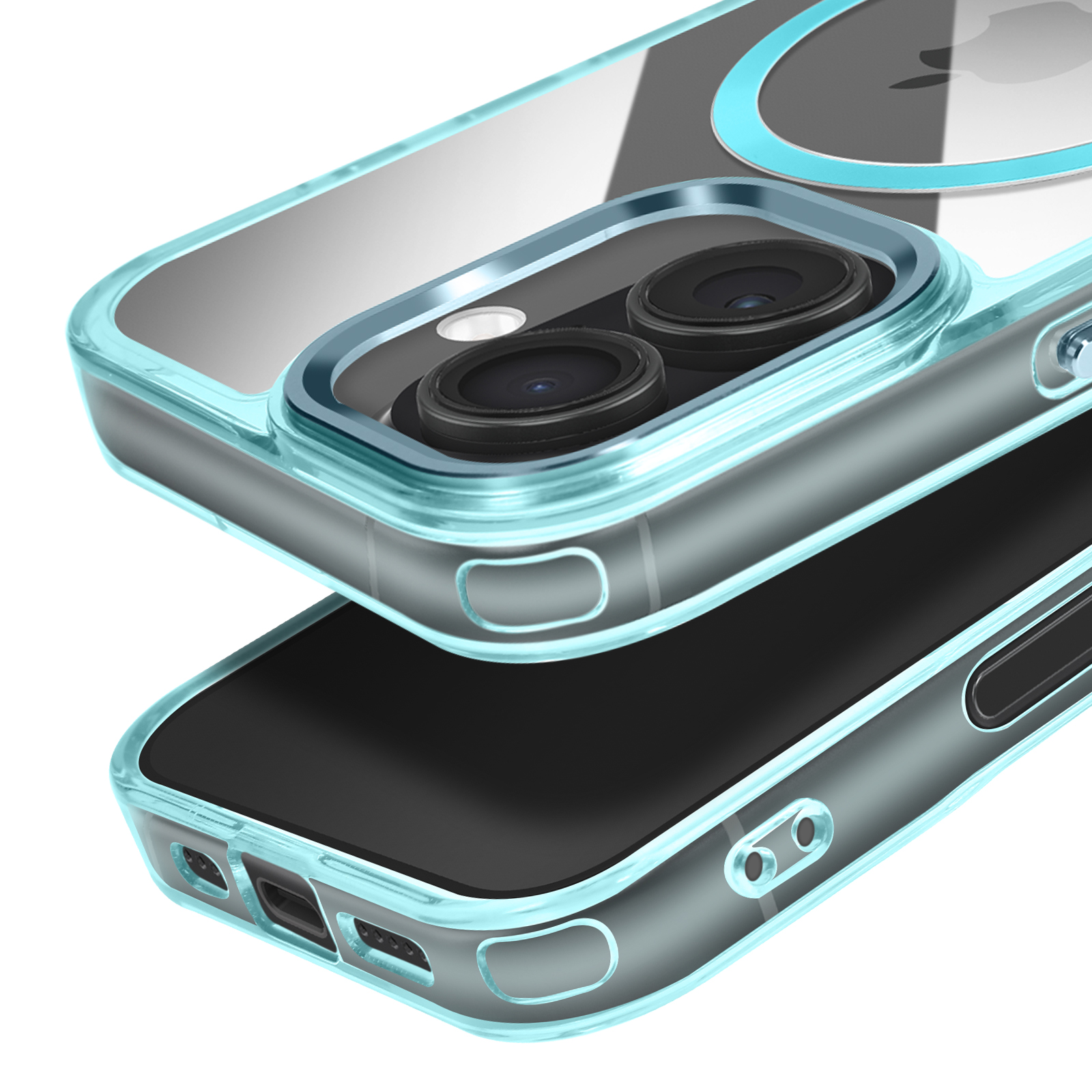Gros plan d'une coque de téléphone avec un corps transparent et un cadre bleu clair, présentant des lentilles de caméra et des détails du téléphone.