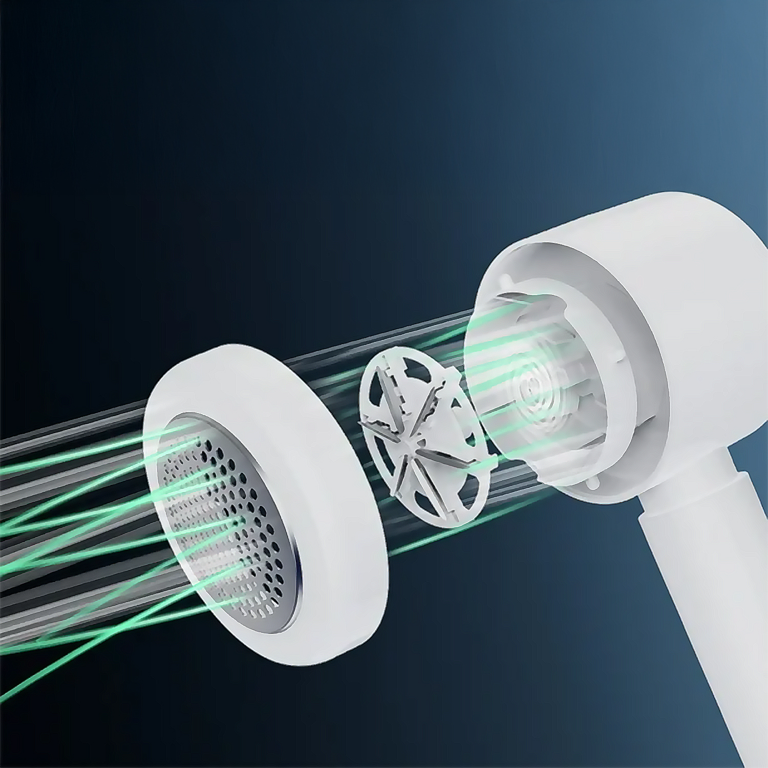 Zerlegter weißer Haar-Entferner mit grünen Lichtstrahlen vor dunklem blauem Hintergrund. Teile umfassen einen Mesh-Kopf und einen Ventilator.