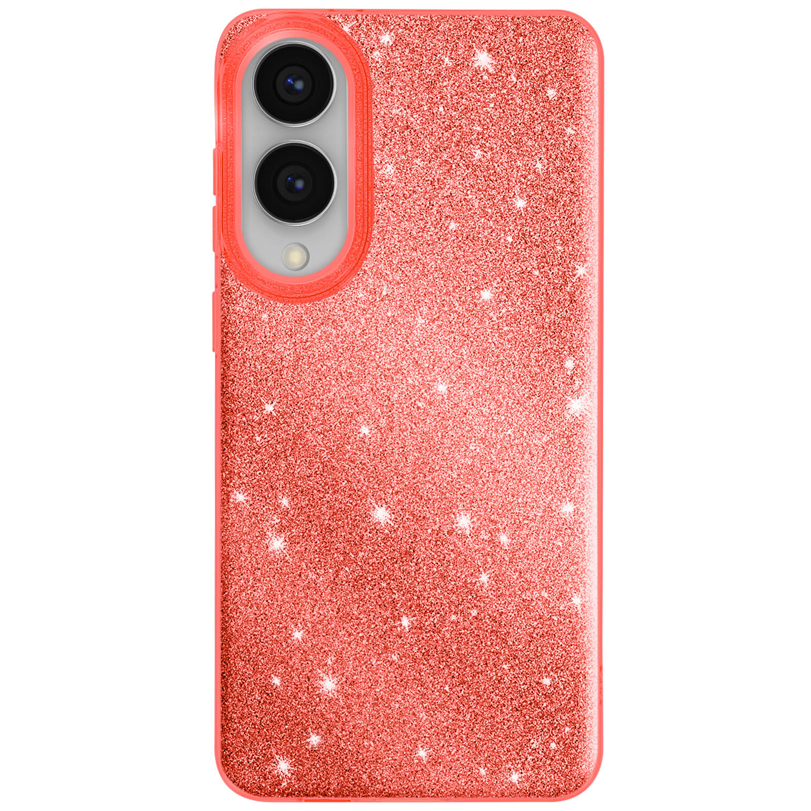 Een glitterende koraalroze telefoonhoes met twee cameralenzen. De achtergrond is wit.