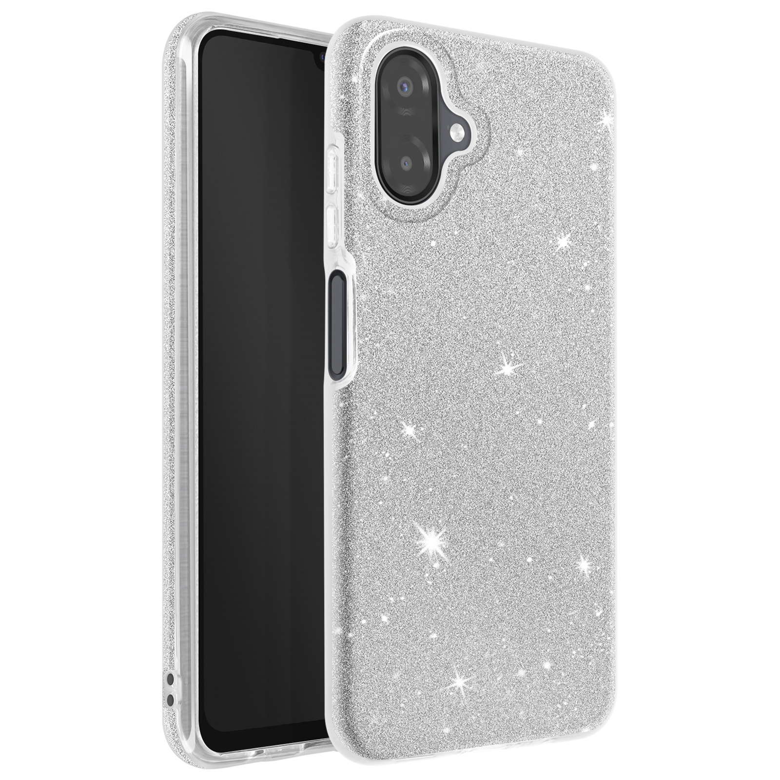 Coque de téléphone argentée à paillettes avec écran noir sur fond blanc. La coque a une découpe pour l'appareil photo.