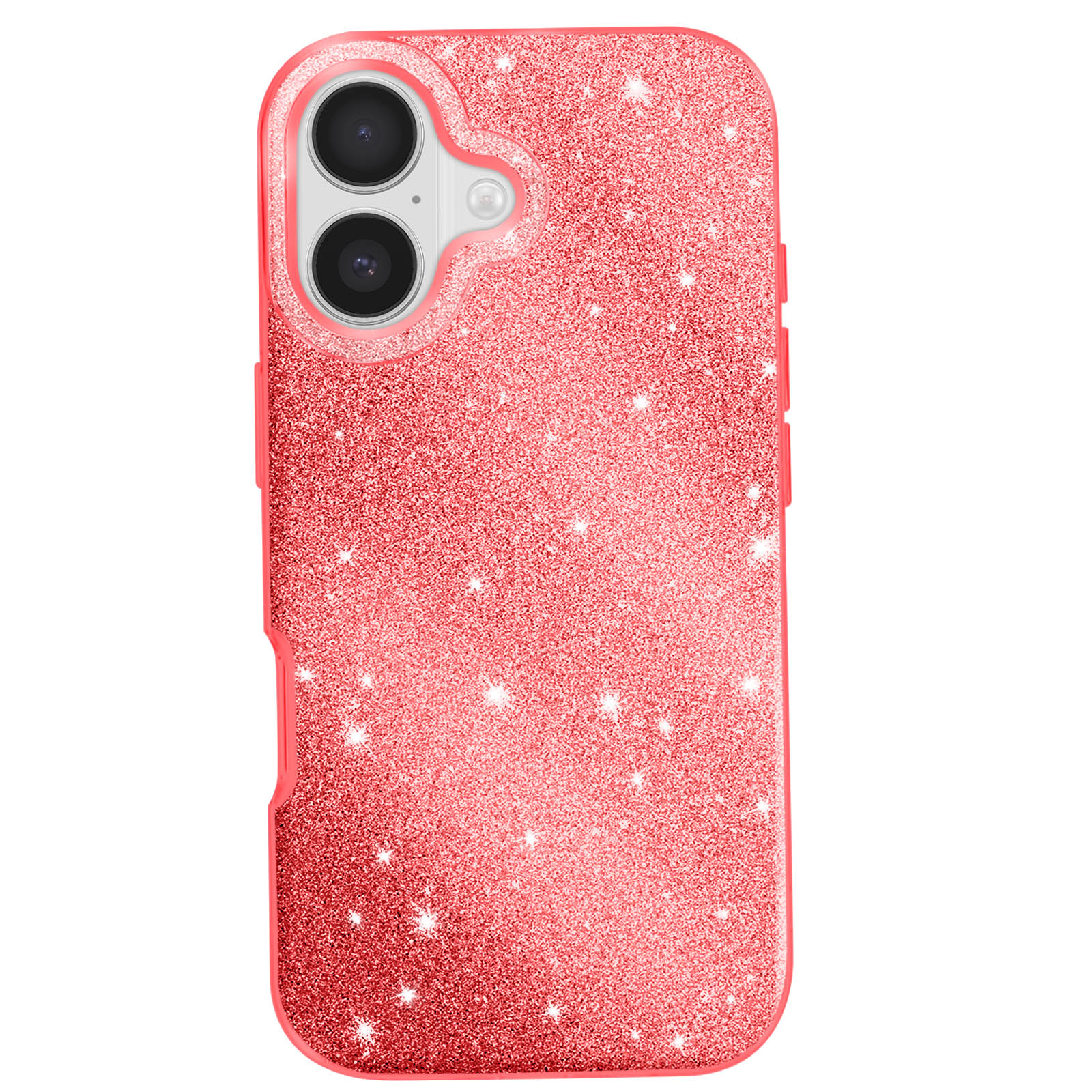 Een glitterende rode telefoonhoes met twee cameralenzen. De achtergrond is wit.
