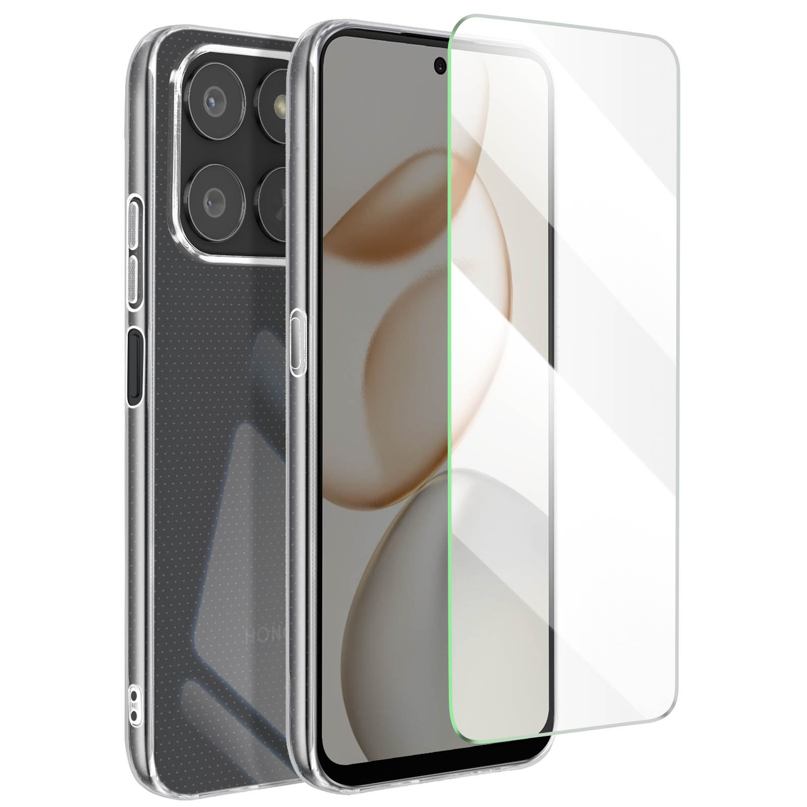 Ein durchsichtiges Telefongehäuse, ein Telefon und eine Displayschutzfolie liegen auf einer weißen Oberfläche.