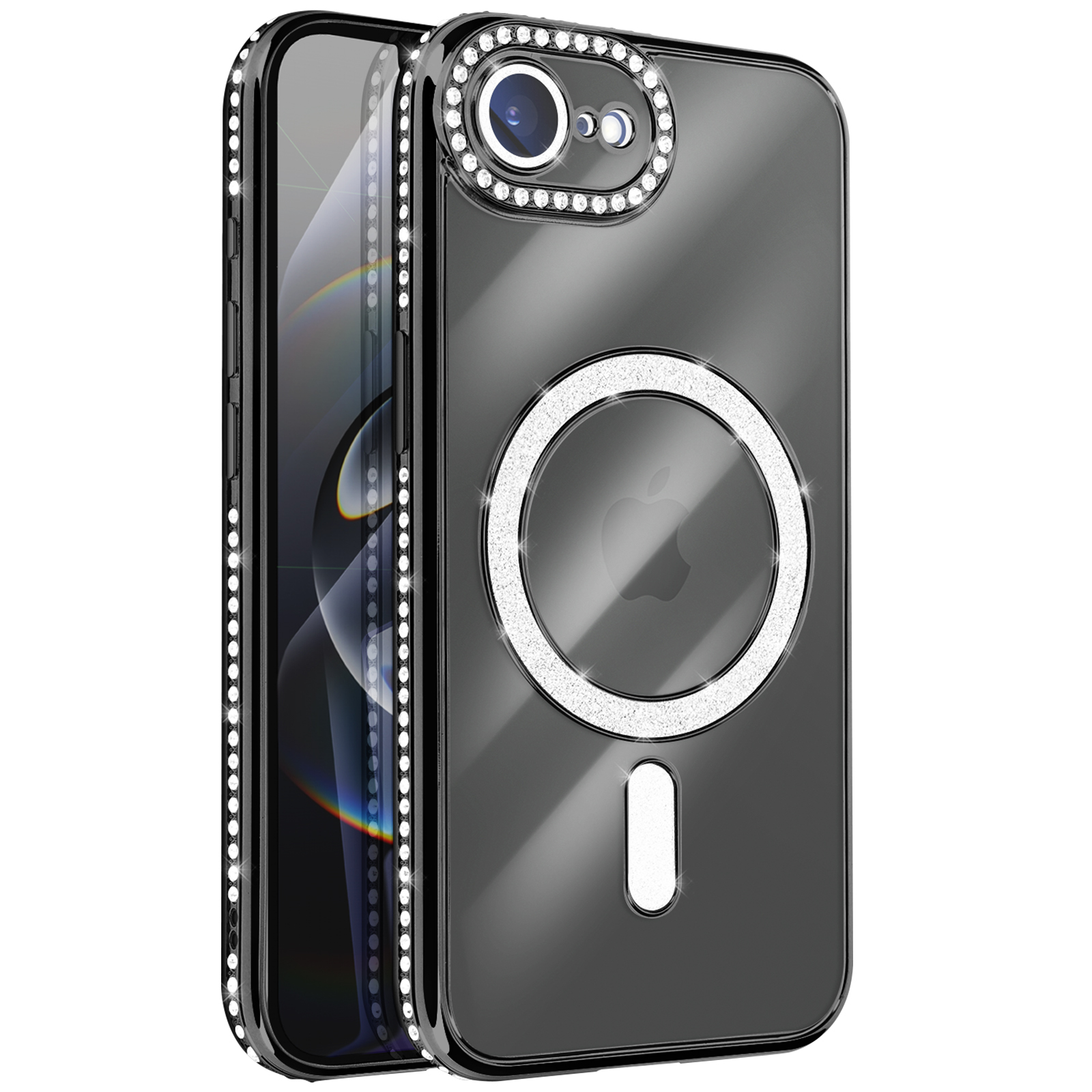 Een telefoonhoesje met een camering en Apple logo ring, beide met kristallen. De case is zwart en glanzend.
