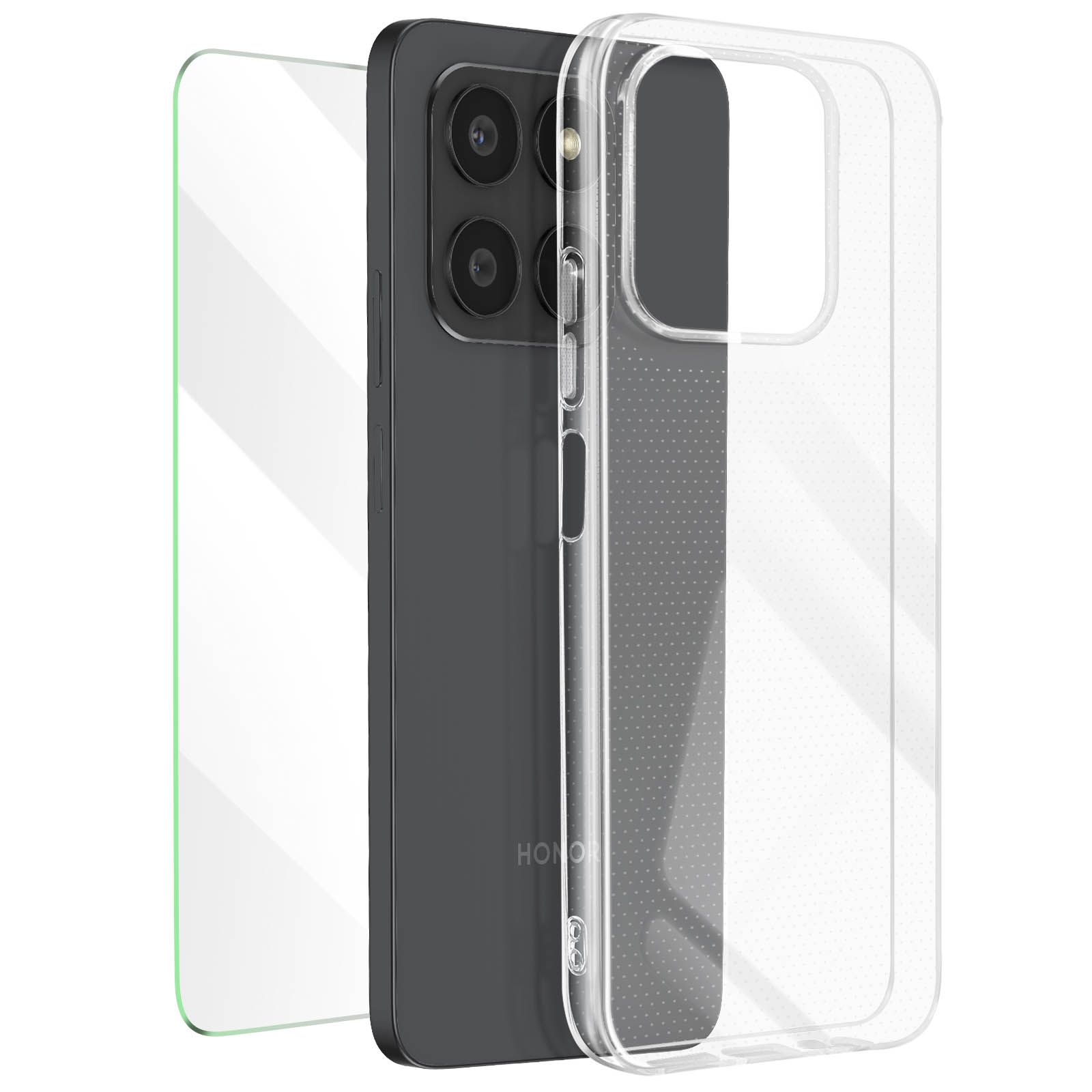 Ein schwarzes Smartphone mit Displayschutzfolie und einer durchsichtigen Hülle wird gezeigt. Der Displayschutz ist links.