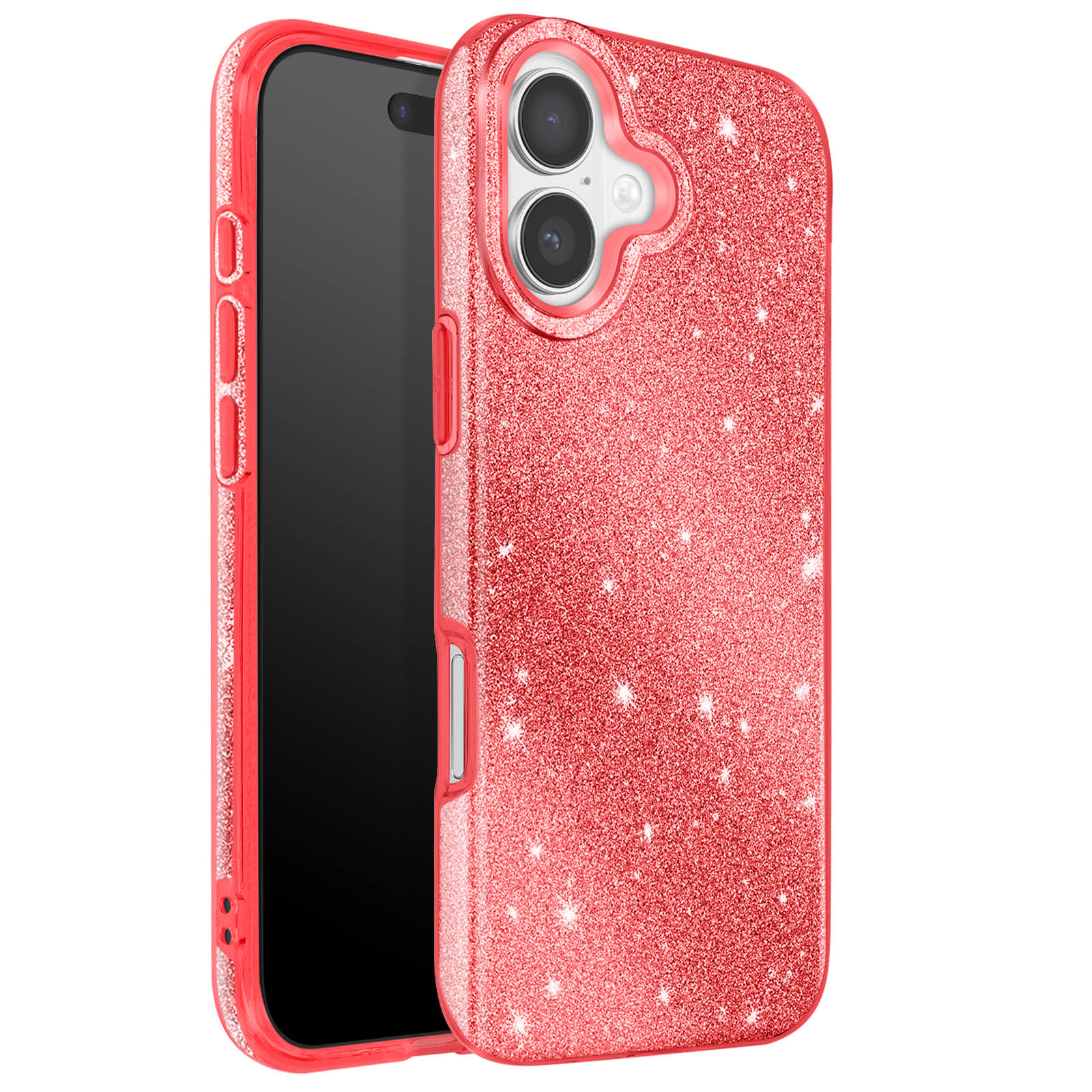 Een rode glitter telefoonhoes bedekt een zwarte telefoon. De hoes heeft een glanzend oppervlak en een camera-uitsparing.