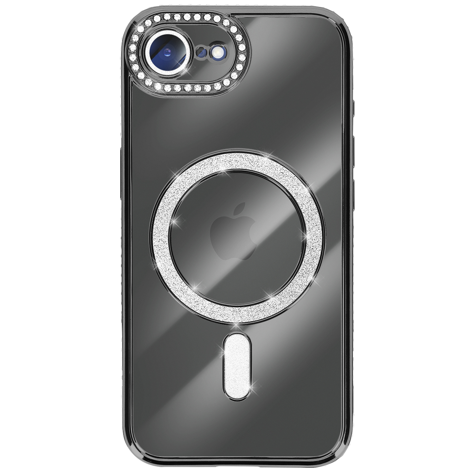 Een telefoonhoesje met een camerarand en een MagSafe-ring, beide bezet met strass-steentjes. De hoes is zwart met een Apple-logo.