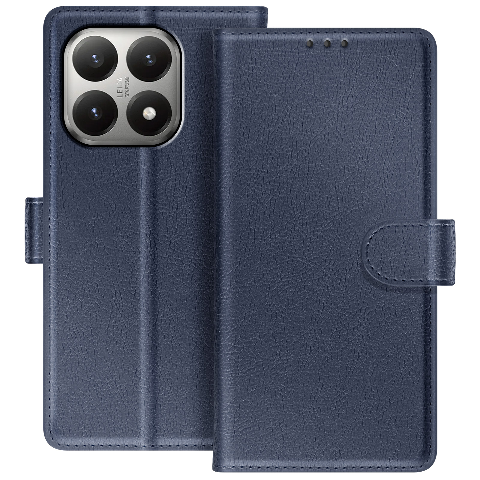 Una custodia per telefono in pelle blu, aperta, che mostra un telefono con un rigonfiamento della fotocamera. La custodia ha una chiusura magnetica.