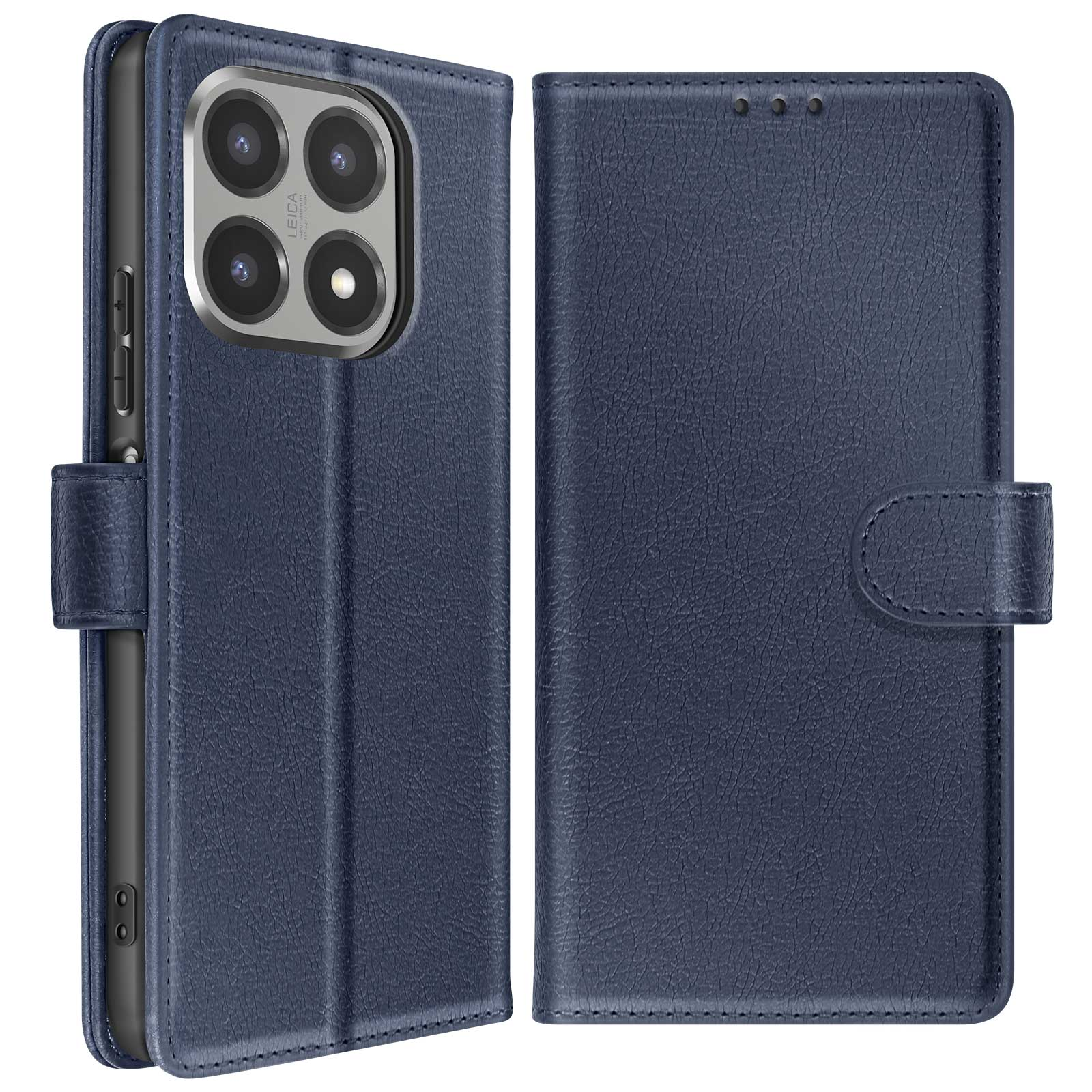 Una custodia per telefono in pelle blu scuro, aperta per rivelare il telefono. La custodia è strutturata, ha una chiusura e un ritaglio per la fotocamera.