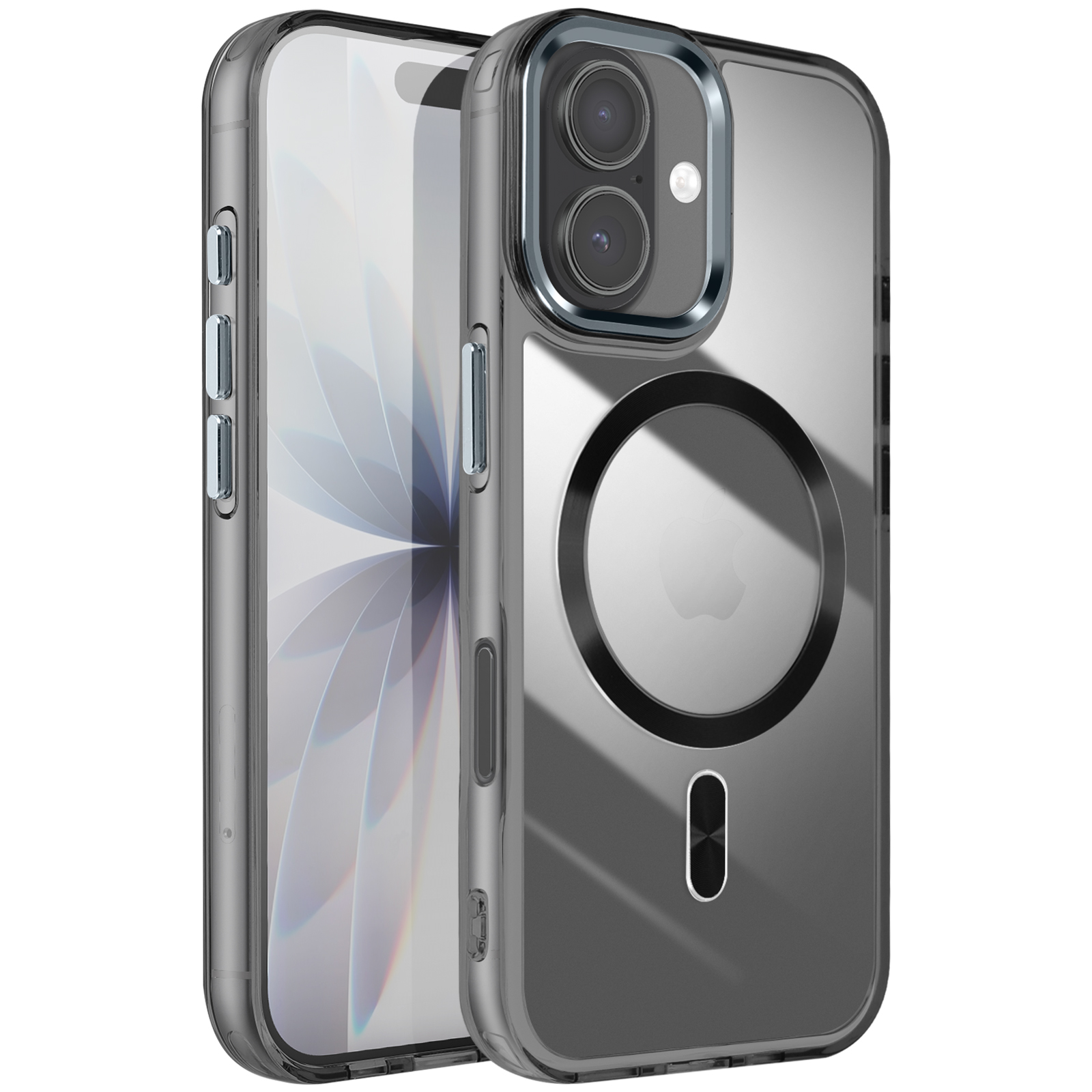 Transparante telefoonhoes op witte achtergrond. Zichtbare telefoon in de hoes. Hoes heeft een zwarte cirkel en een Apple-logo.