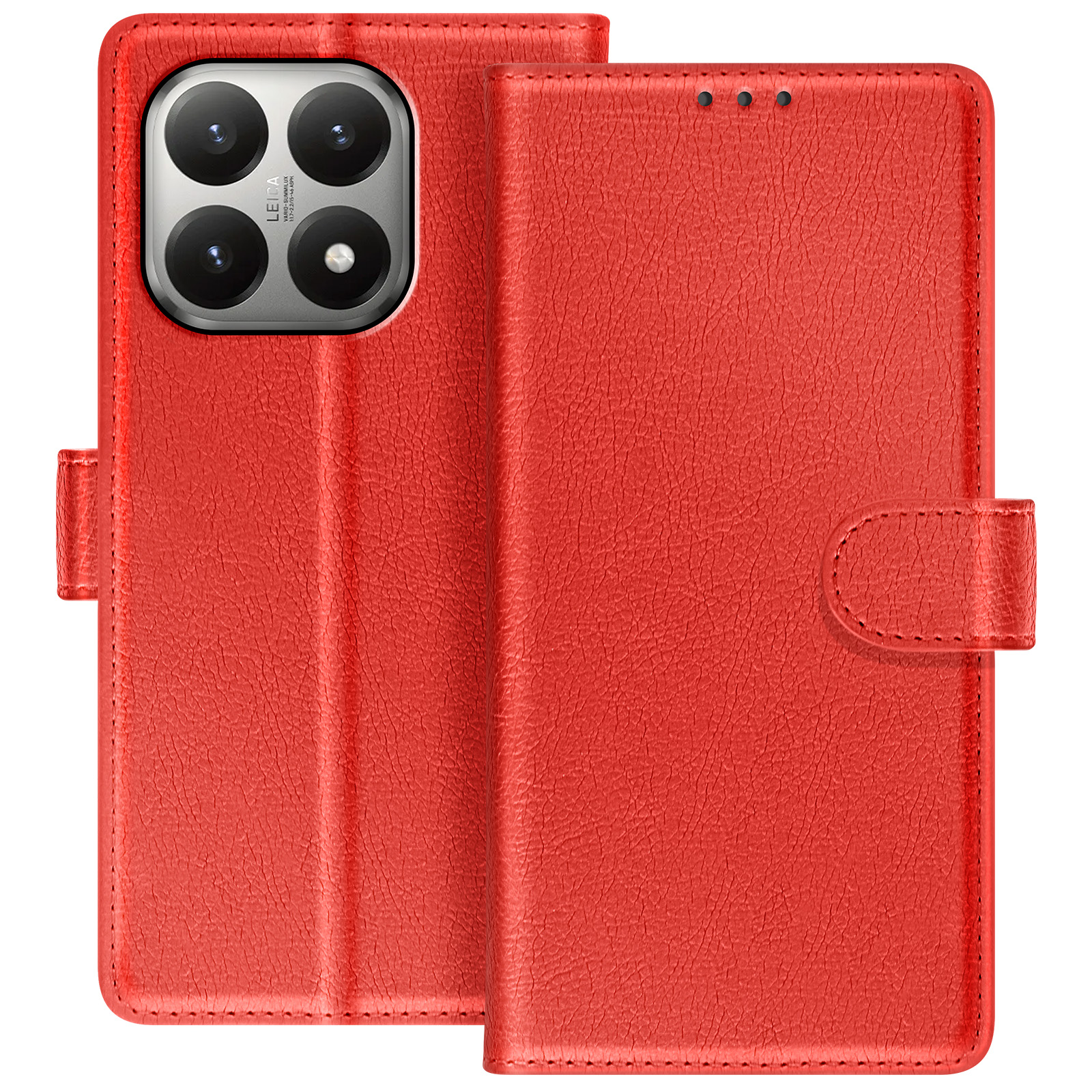 Custodia per telefono in pelle rossa aperta, che mostra la fotocamera del telefono. La custodia ha una chiusura magnetica e si trova su sfondo bianco.