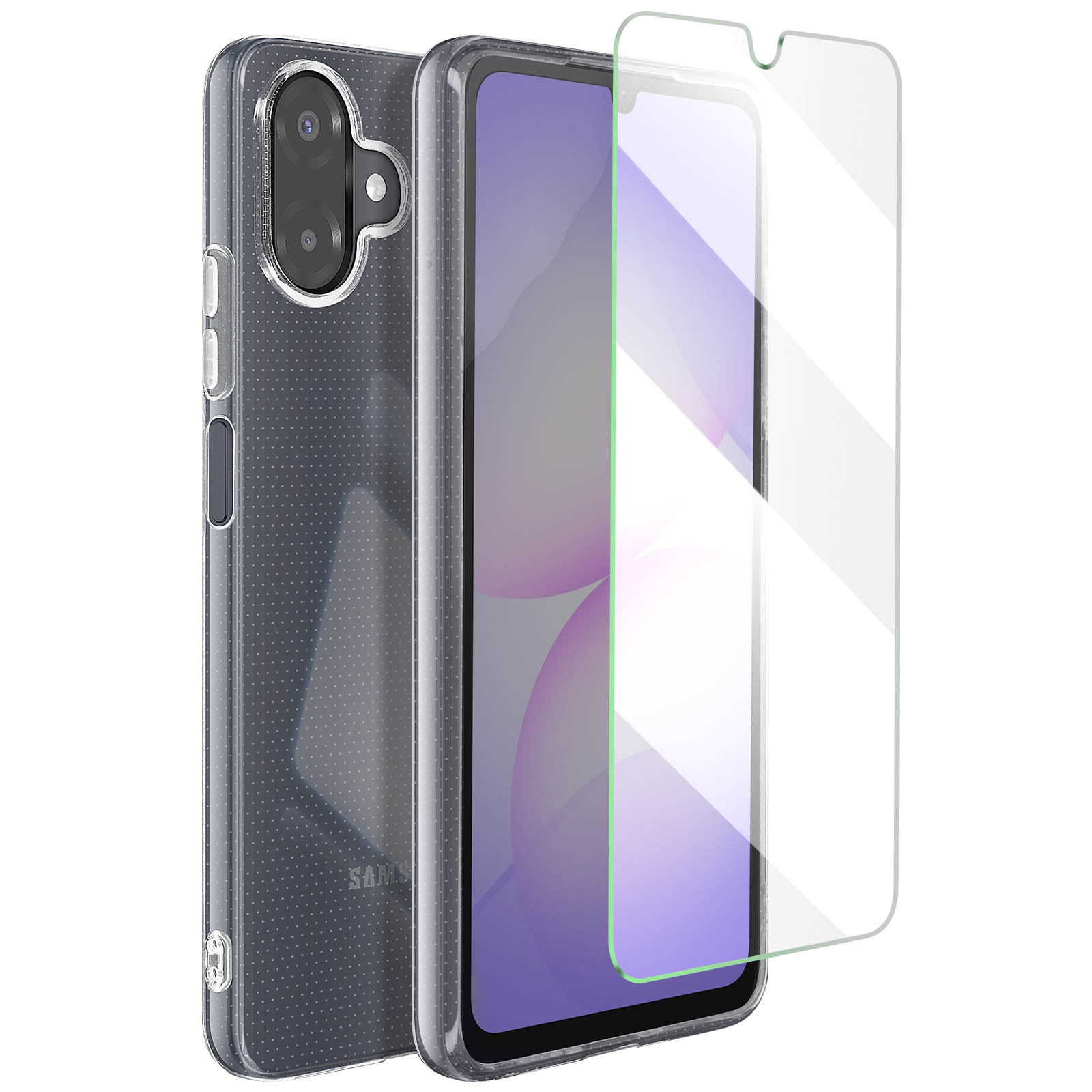 Eine transparente Handyhülle mit Displayschutzfolie neben einem Telefon. Die Handyhülle hat einen Kameraausschnitt.