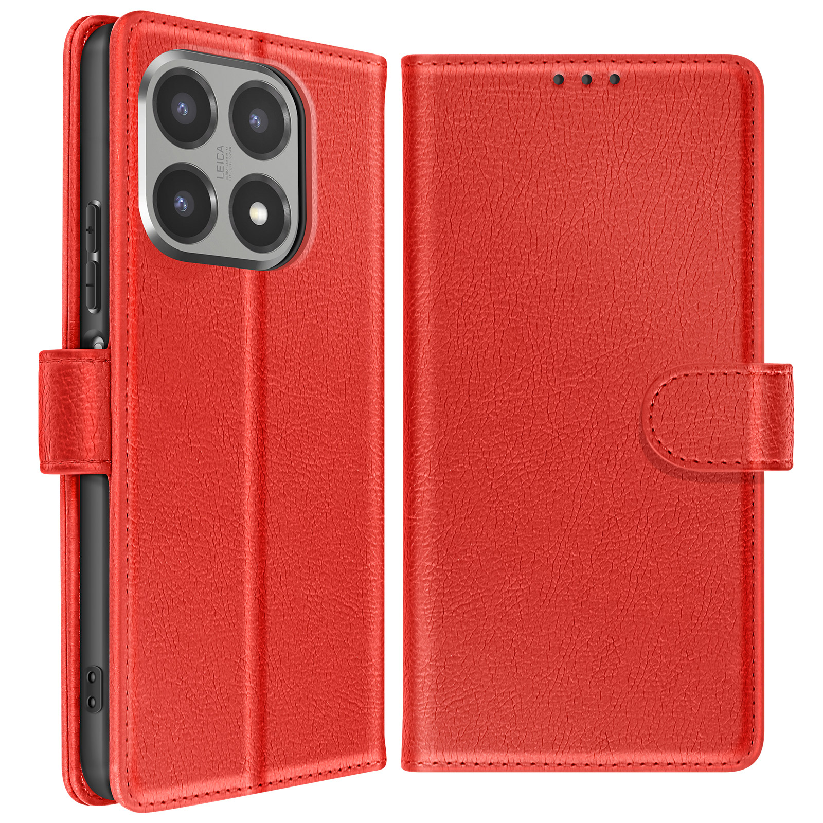 Custodia per telefono in pelle rossa aperta, con obiettivi della fotocamera visibili. La copertura anteriore ha una chiusura. Sfondo bianco.