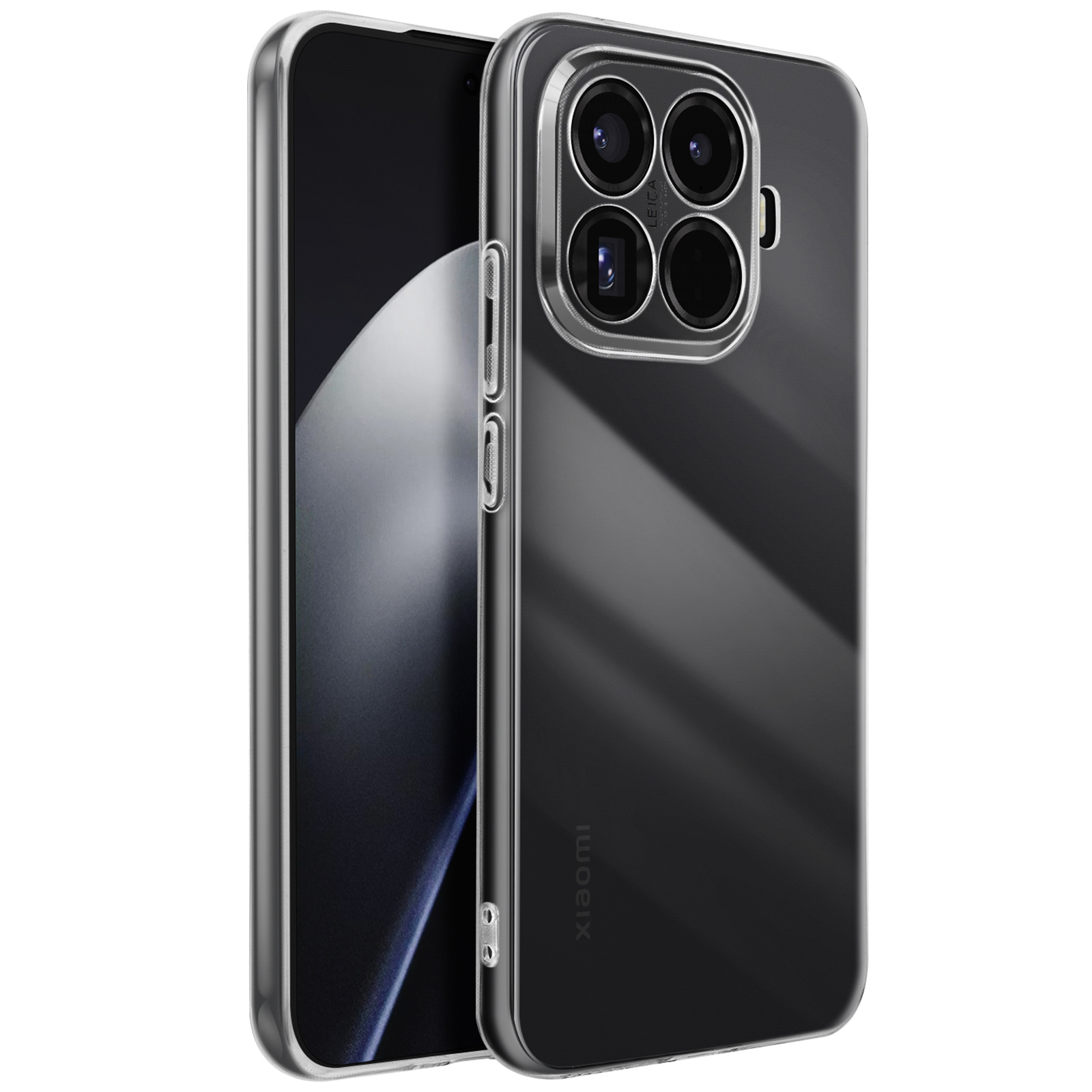 Eine transparente Handyhülle schützt ein schwarzes Smartphone. Die Hülle hebt die Kameralinsen hervor. Ein schlankes, modernes Design.