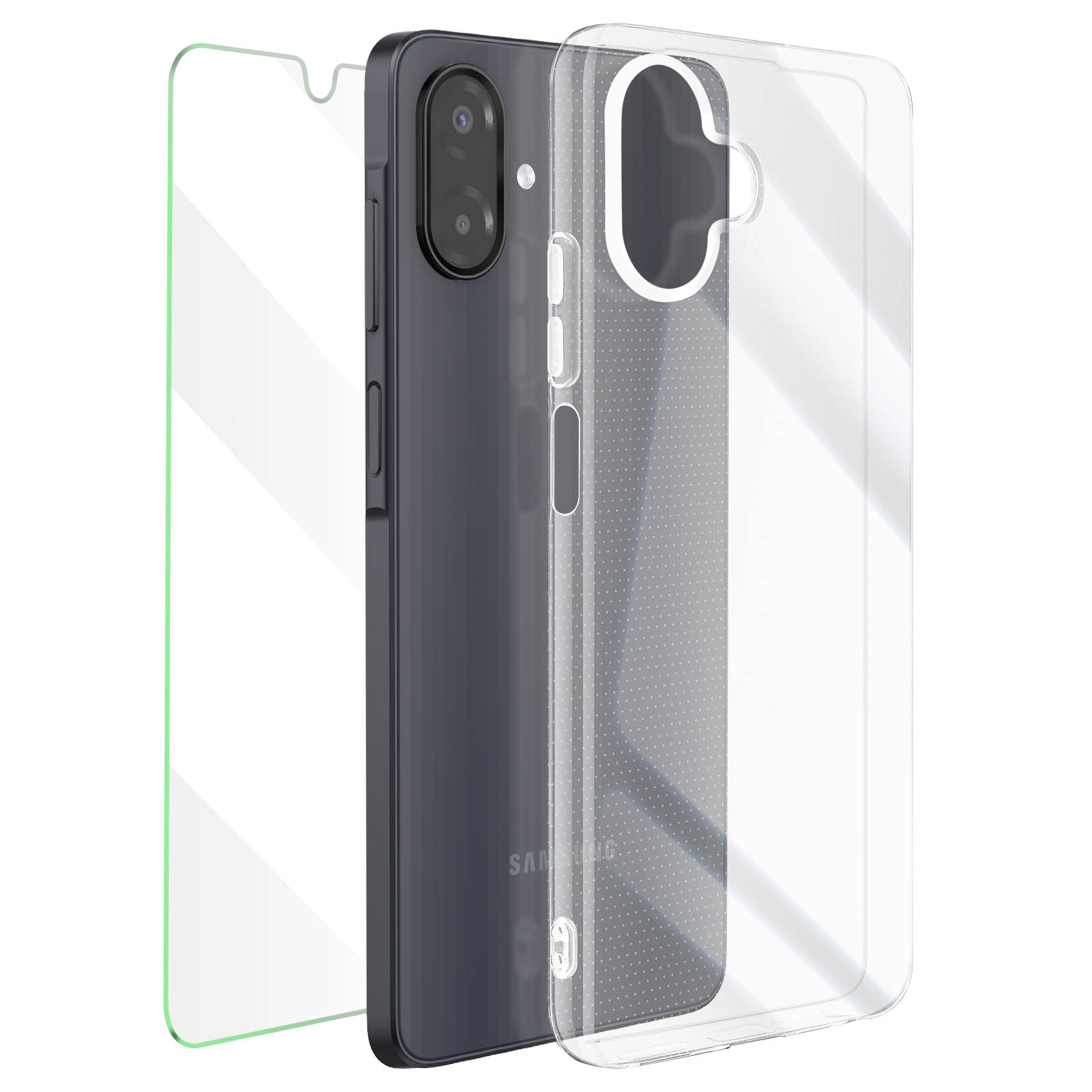 Dunkelgraues Smartphone mit klarer Hülle und grünem Displayschutz. Die Hülle hat einen C-förmigen Ausschnitt.