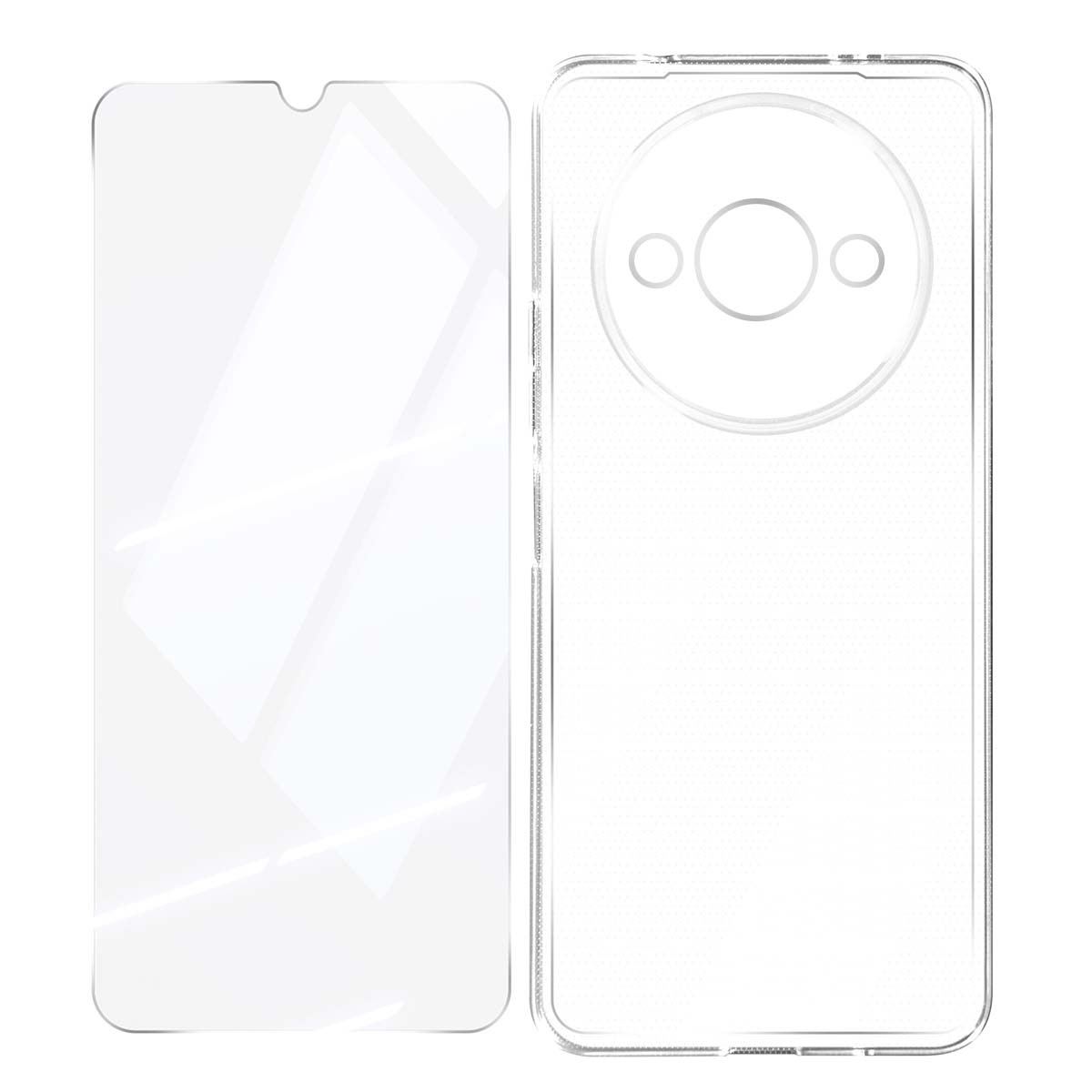 Custodia per telefono e protezione schermo trasparenti. La custodia ha ritagli per la fotocamera. La protezione ha un'incrinatura. Entrambi trasparenti.