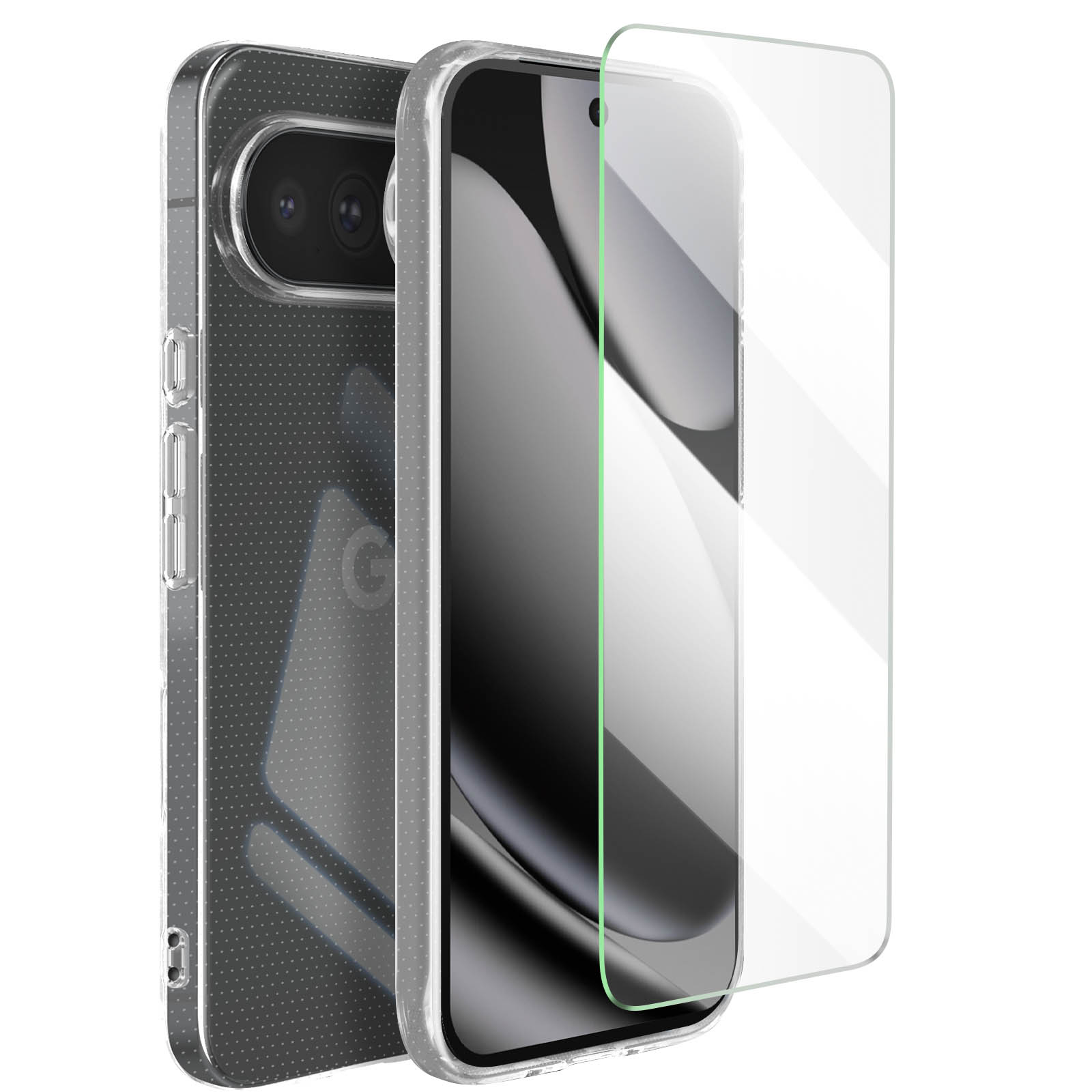 Ein Telefon in einer durchsichtigen Hülle mit Displayschutzfolie. Das Telefon hat eine Kamera und einen Bildschirm.