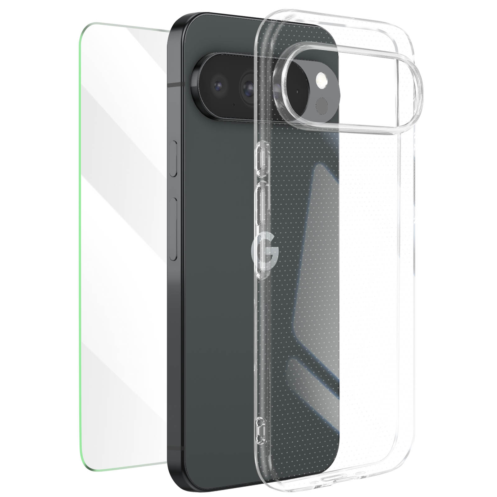 Ein Telefon in einer transparenten Hülle mit Displayschutzfolie. Das Telefon ist dunkel mit Kamera. Der Schutz ist links.