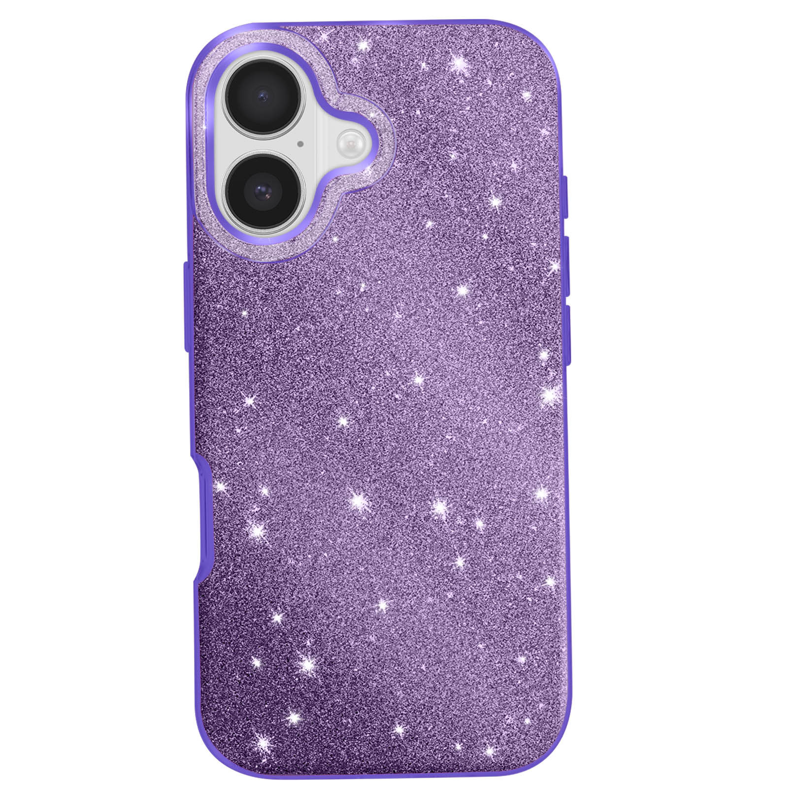Paarse telefoonhoes met twee cameralenzen, glinsterende textuur en een paarse omtrek.
