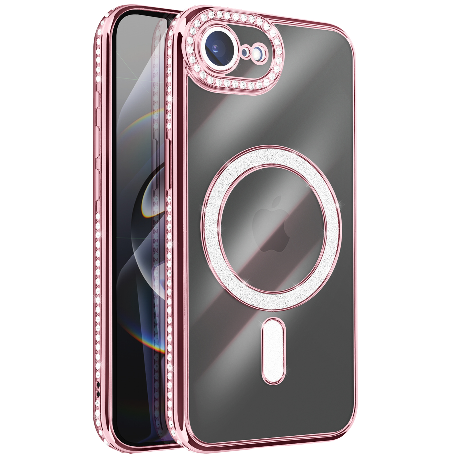 Een roségouden telefoonhoesje met strass. Het heeft een cameraring, een MagSafe-ring en een Apple-logo.